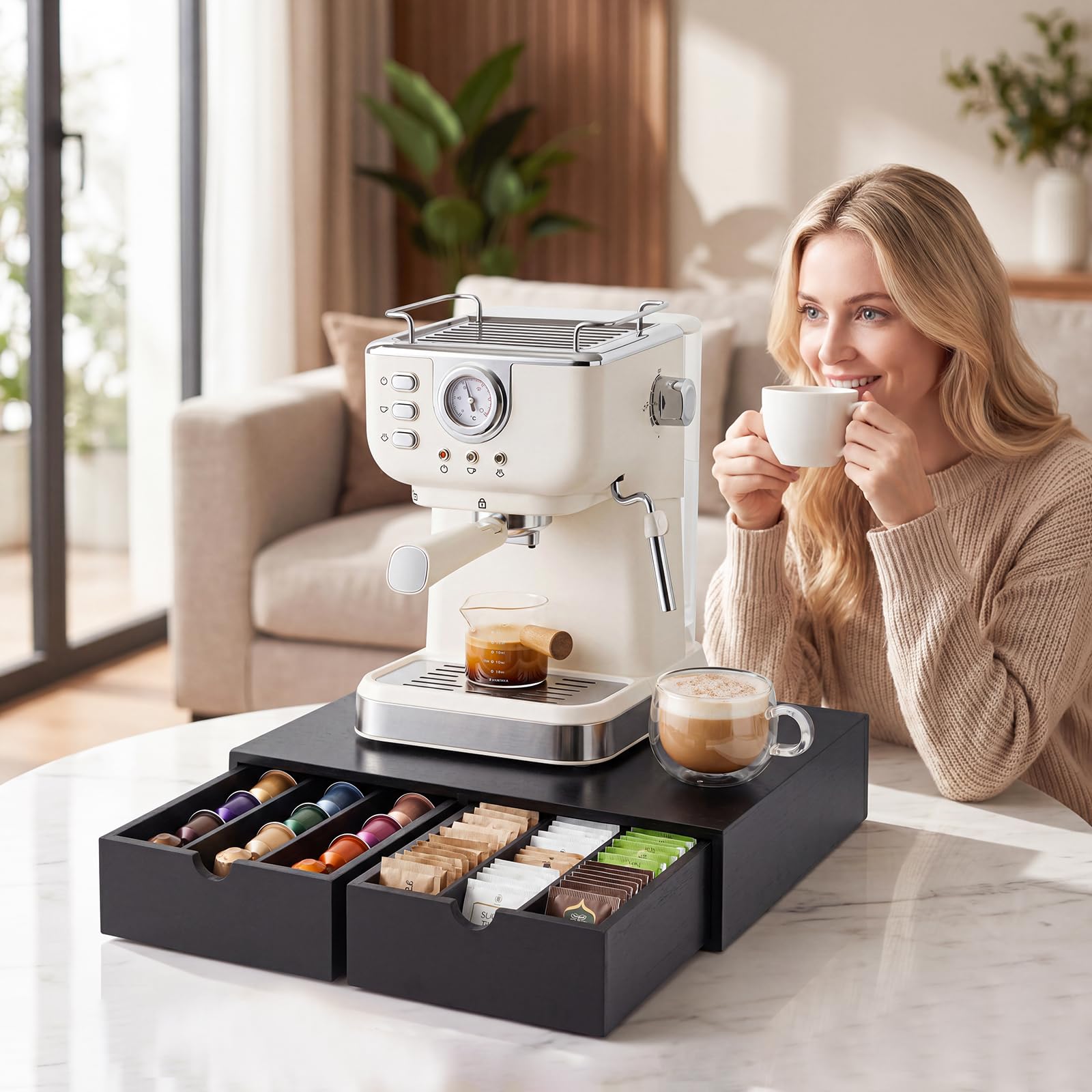 Cassetto porta cialde in legno, organizer per capsule di caffè, organizer per tazze da tè, 30 cialde, stazione da caffè da banco per supporto macchina, nero