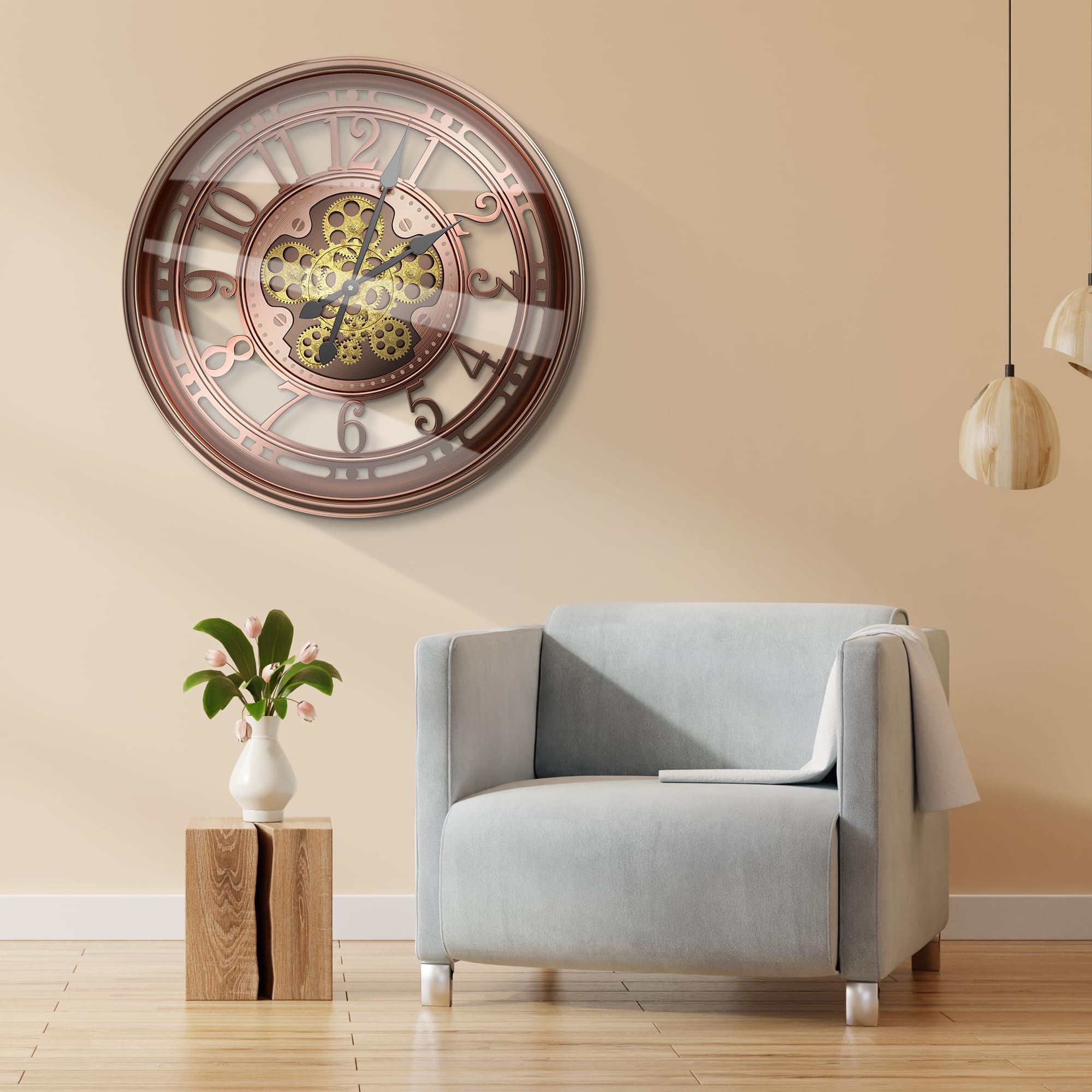 Reloj de pared grande de 53 cm con engranaje móvil, vintage, retro, industrial, metal, números romanos para habitaciones, hogar, cocina, dormitorio, oficina, escuela (rojo retro)