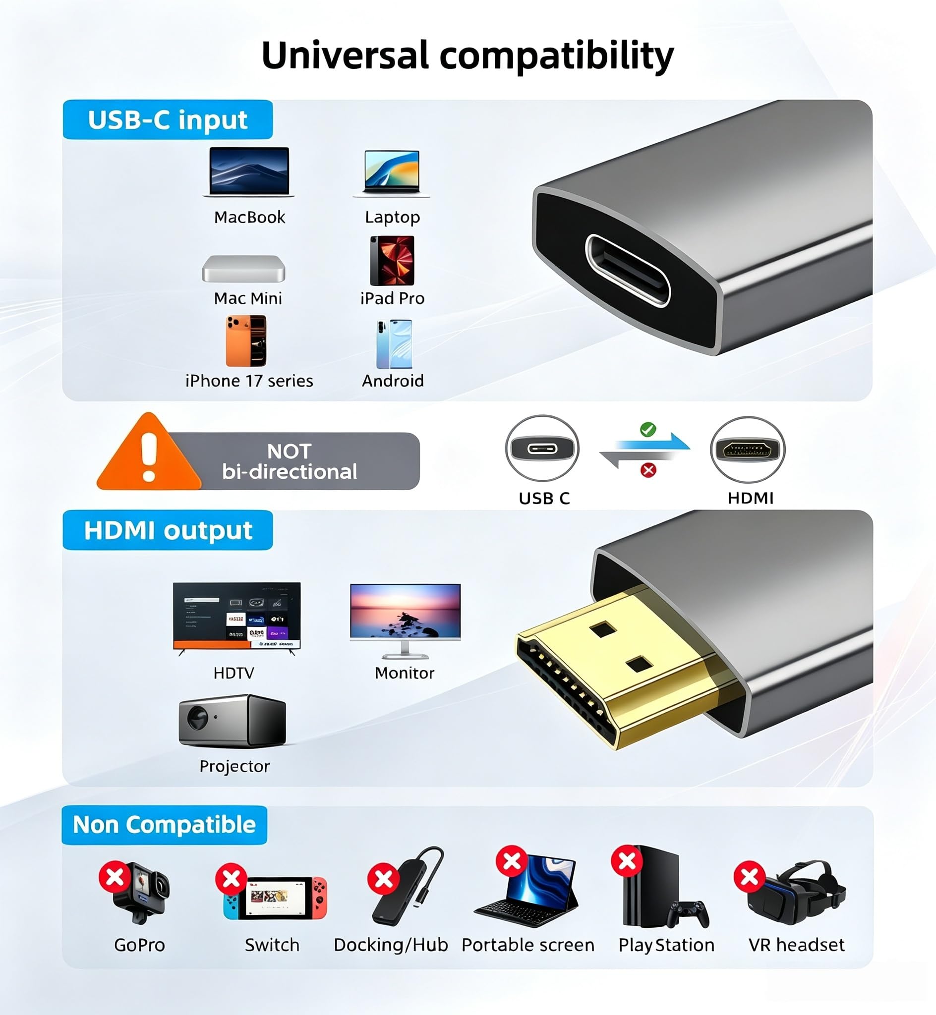 Lot de 2 adaptateurs USB C femelle vers HDMI mâle avec câble vidéo USB, 4K @ 60 Hz, source USB de type C unidirectionnel vers HDMI 2.0, convertisseur Thunderbolt 3/4 vers HDMI pour i-/Phone 17 MacBok