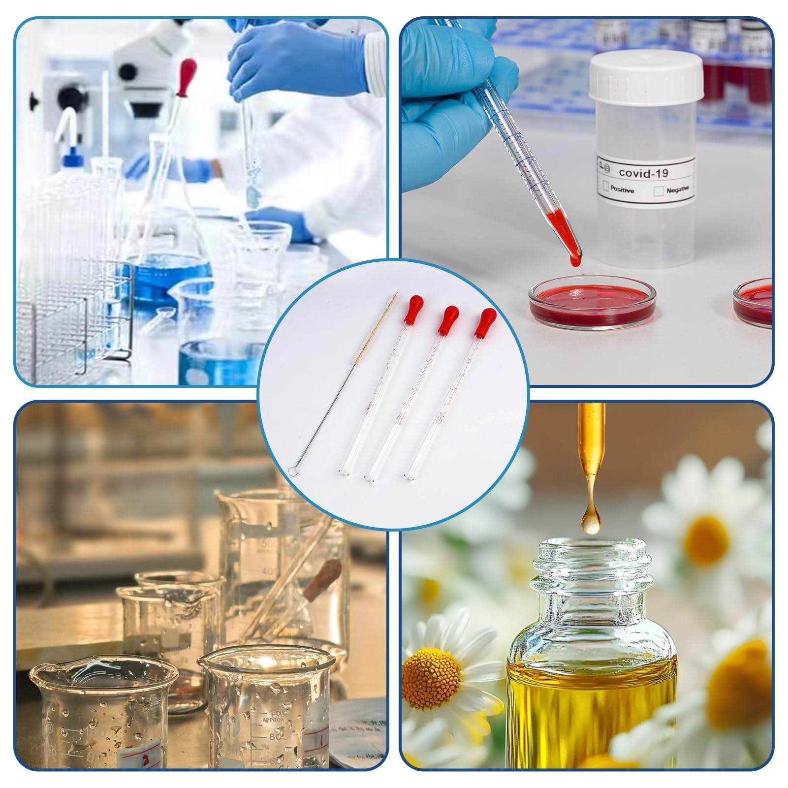 3 sztuki pipety szklane 3ml z silikonowymi nakładkami i szczotką do czyszczenia, wysokiej jakości pipety kroplowe do laboratorium, pipety szklane do medycyny, długie pipety do badań żywności i potrzeb
