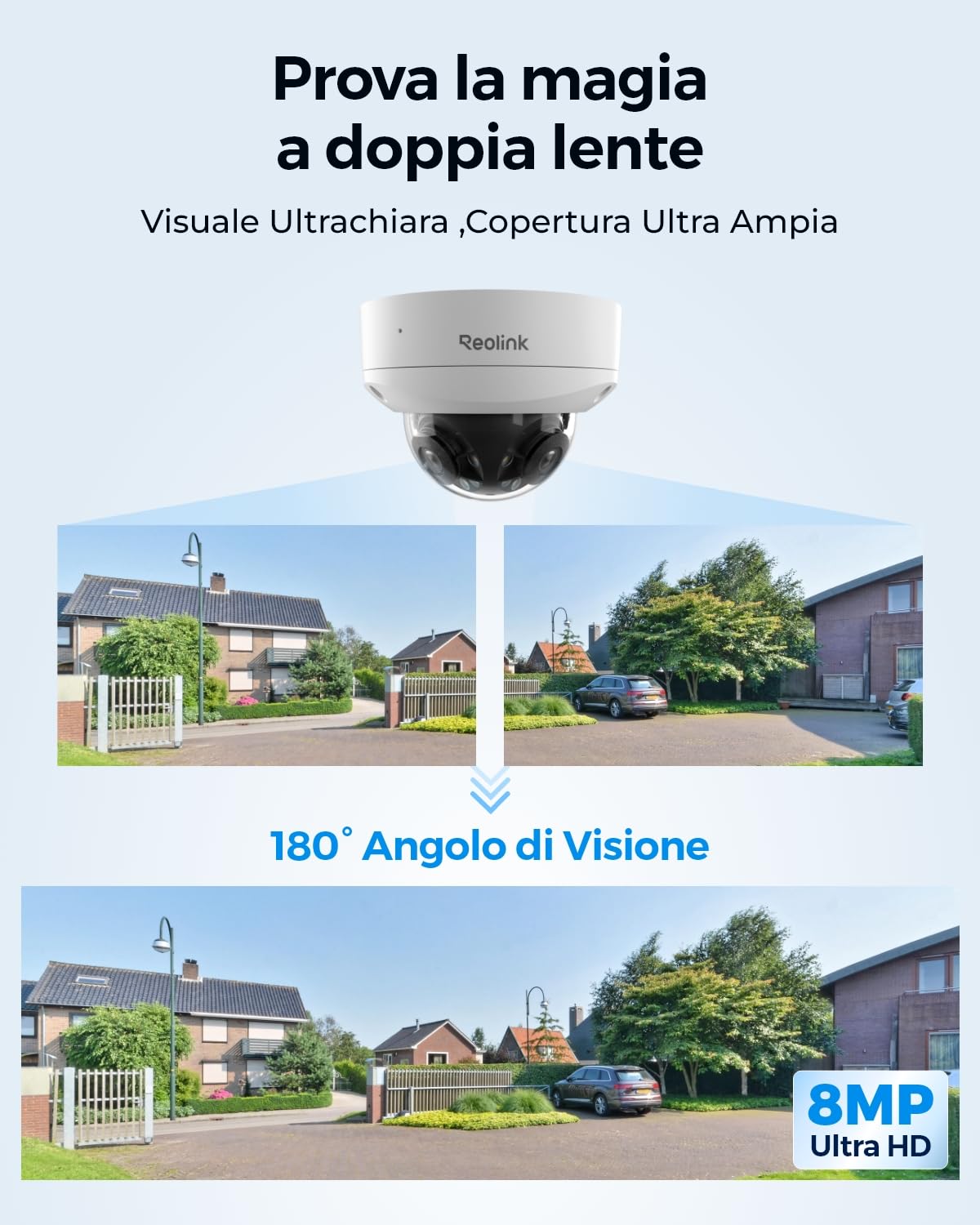 Reolink 4K PoE Telecamera Esterno 180° Doppio Obiettivo, Antivandalismo IK10, Rilevamento Uomo/Veicolo/Animale, Visione Notturna Infrarossa/a Colori, Audio Bidirezionale, Impermeabile IP67, Duo 2V PoE