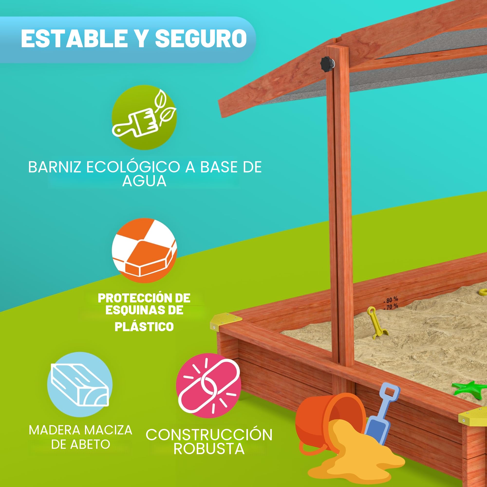 SPIELWERK® Arenero Niños 140x140x120cm Techo Ajustable UV50+ Hidrófugo Madera Barnizada Alfombrilla