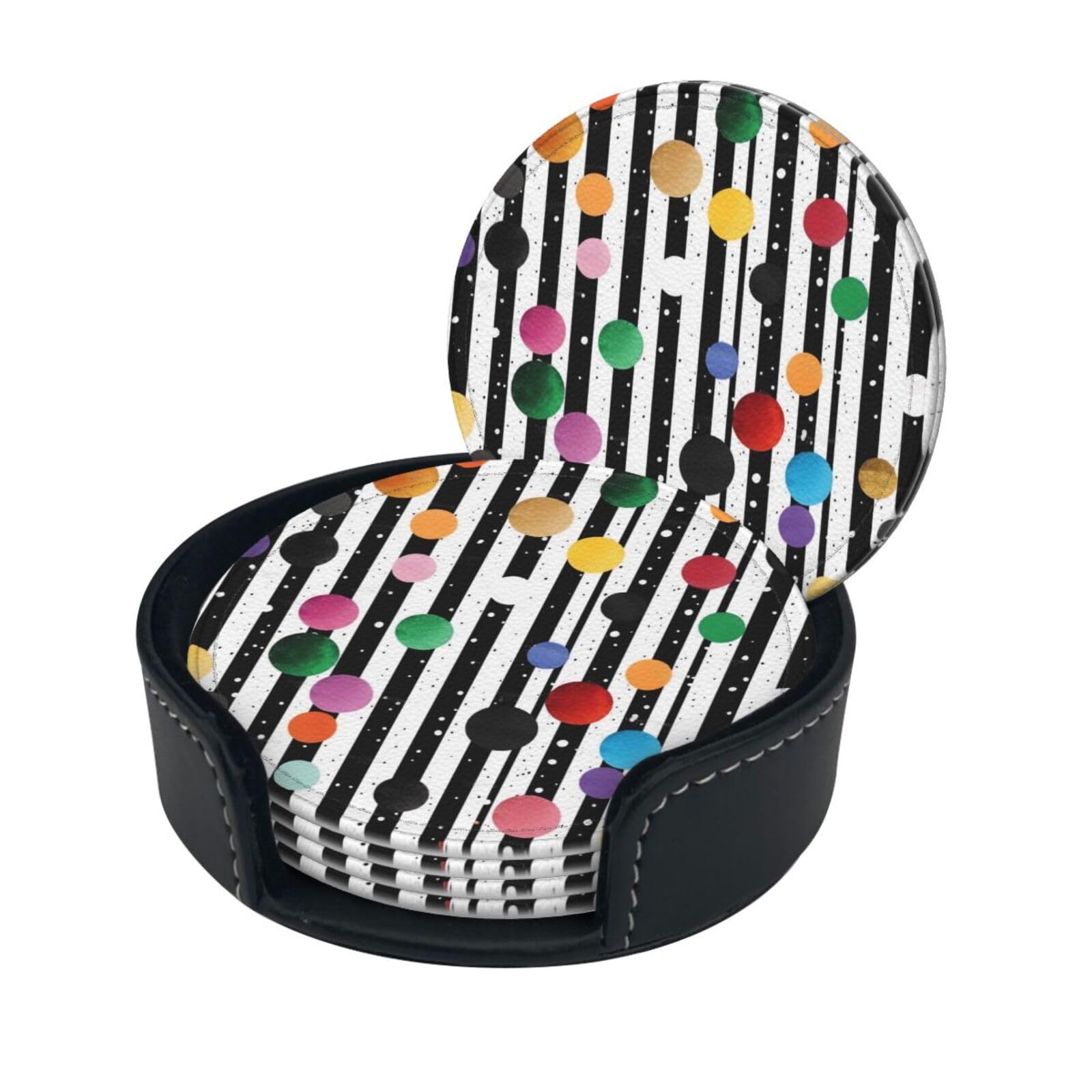 Glitter Rainbow Polka Dot Stripe Black and White Print Coaster,Round Leather Coasters with Storage Box for Wine Mugs,Cold Drinks and Cups Tabletop Protection (6 Piece)