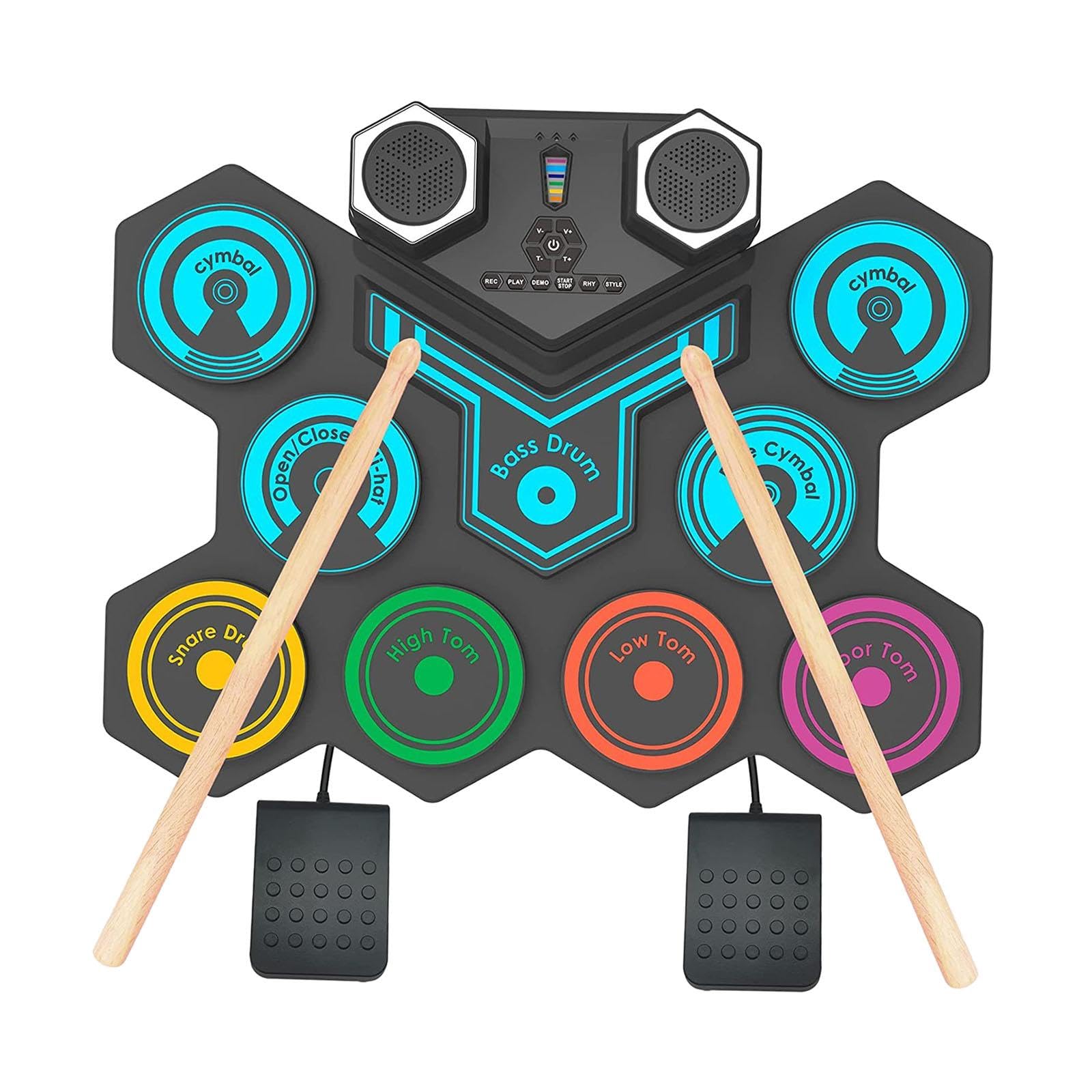 Batería Electrónica Portátil Enrollable con Multi Pads Set de Batería para Mesa Instrumento Musical Silencioso con Altavoces Y Pedales Incluidos, Vistoso