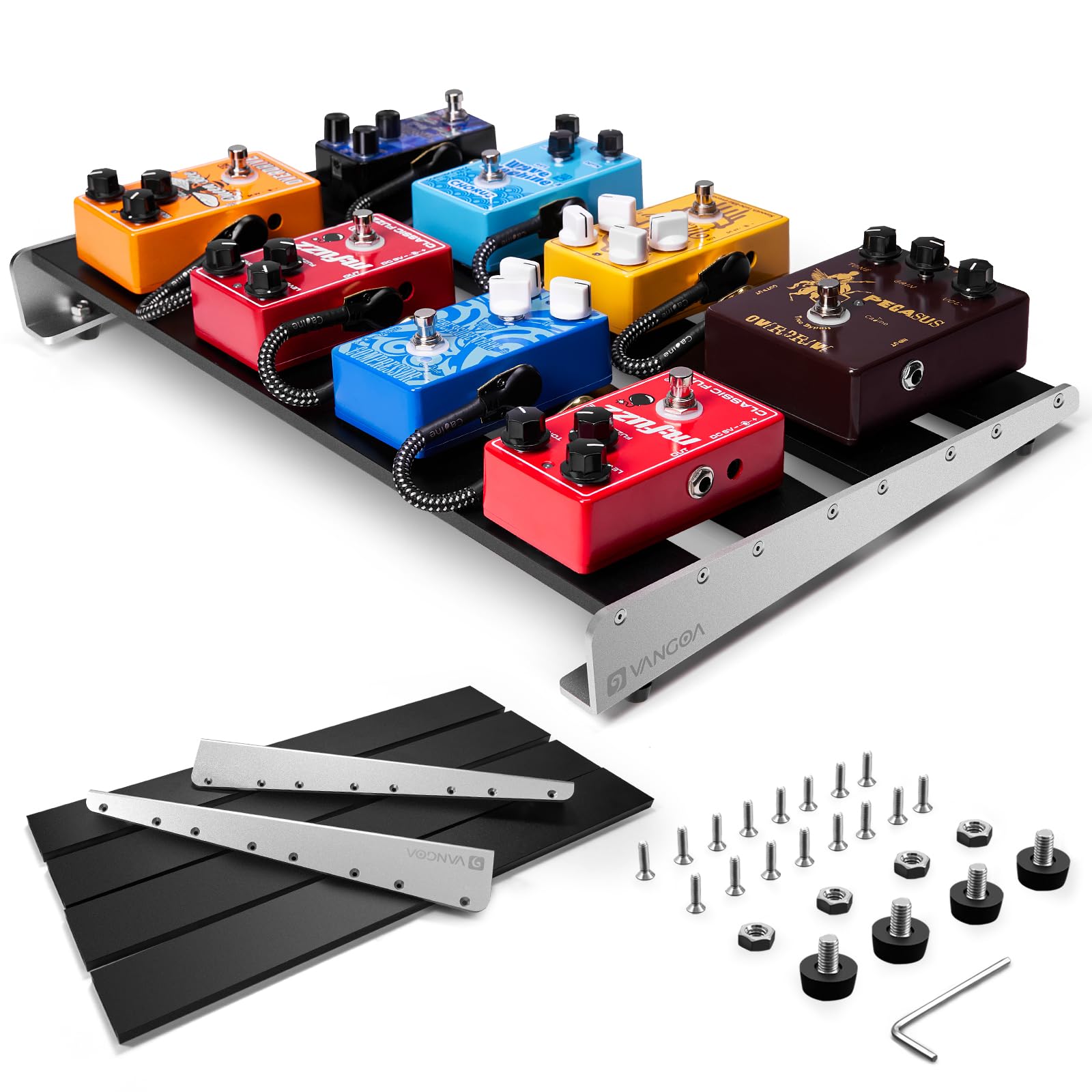 VangoaGuitar Pedal Board, Aluminium Alloy 2.8lb Light Pedal Board 18.1" ×11.8" ×1.9" Sturdy Effect Pedalboard for 8-12 Pedals, Easy to Assemble (VPB-L45UA)
