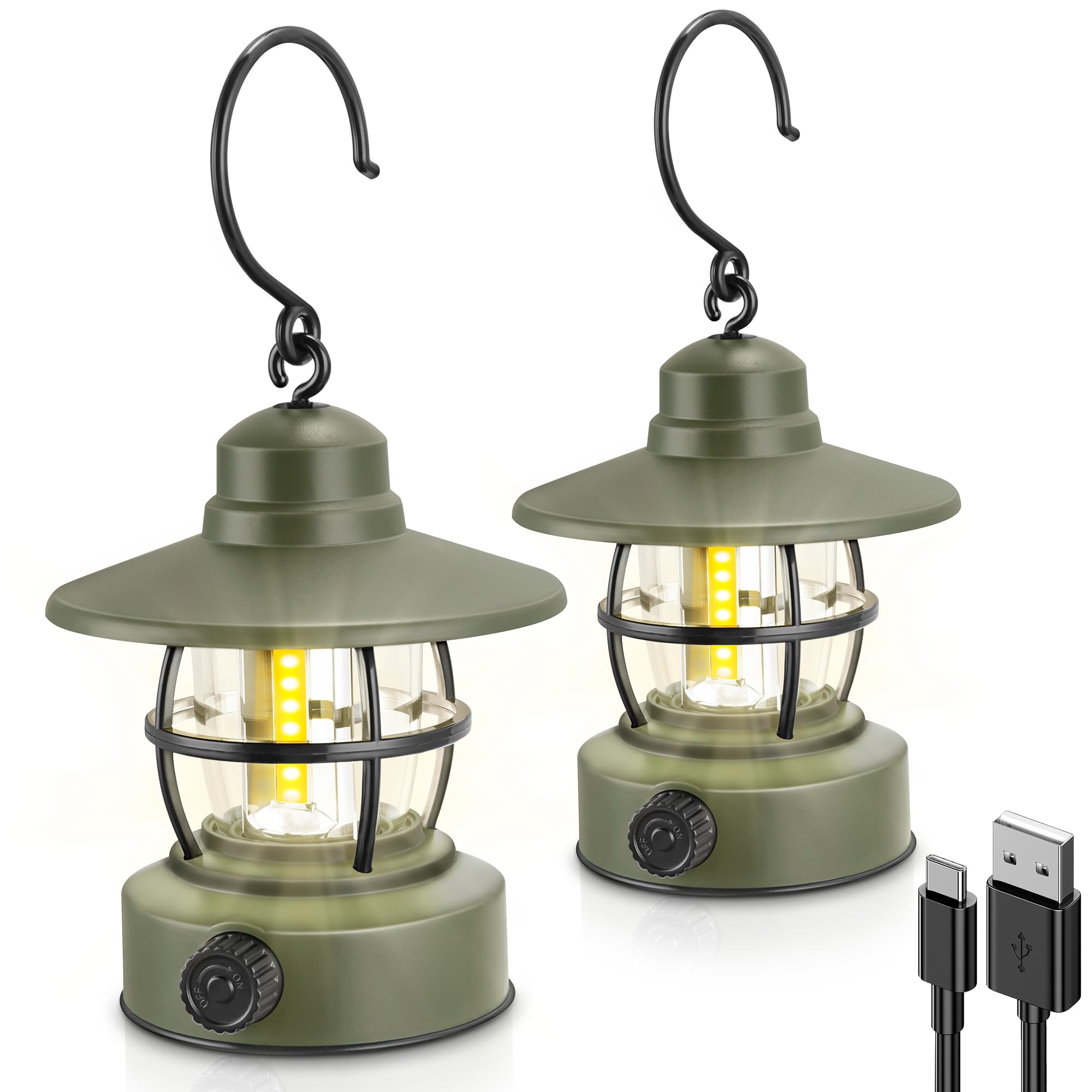 Camping Lantern Rechargeable Battery Powered 【2 Pack】, Camping Gear Must Haves, Camping Accessories, Retro Camping Light Waterproof Hanging LED Tent