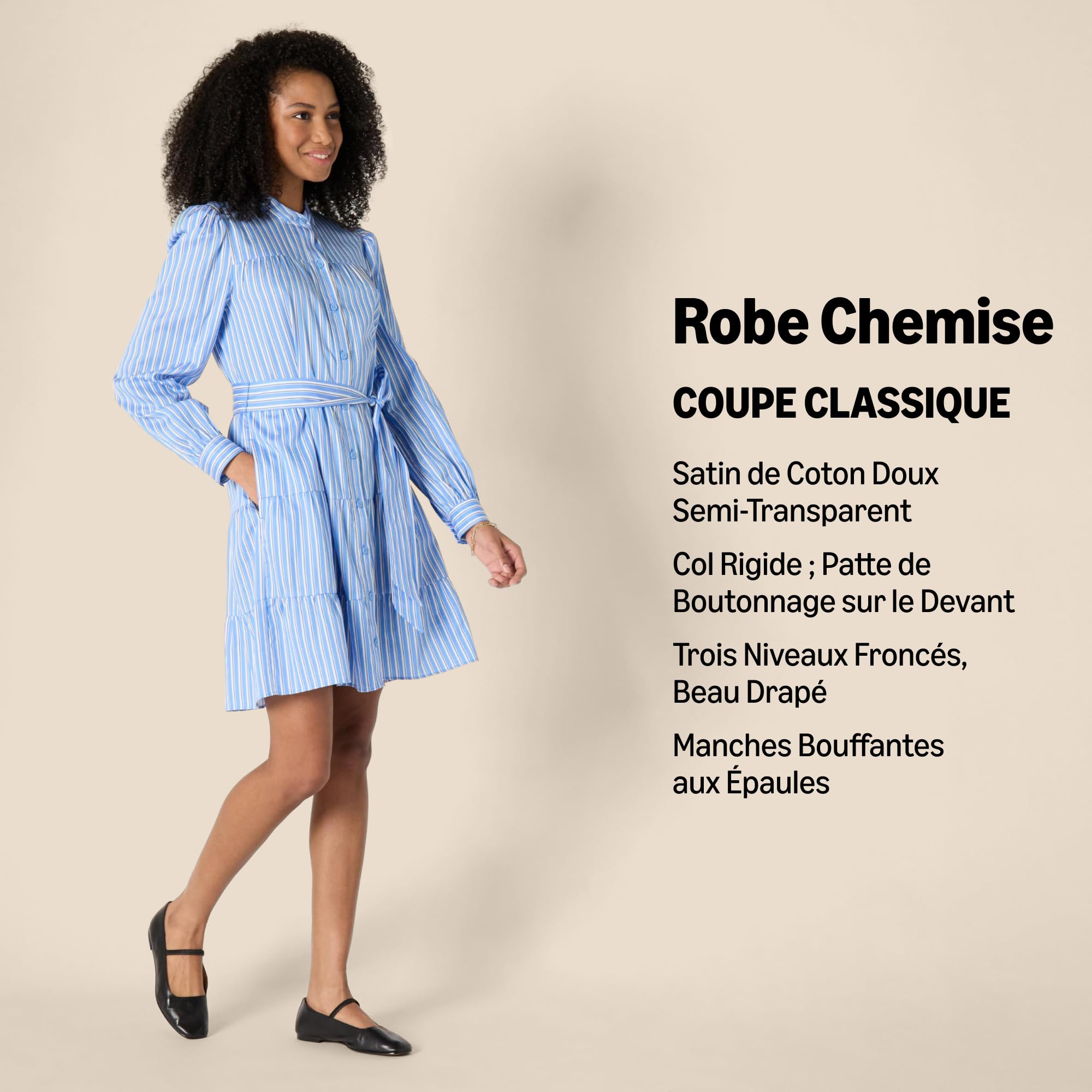 Amazon Essentials Femme Robe Chemise à Volants en Satin de Coton, Coupe Classique