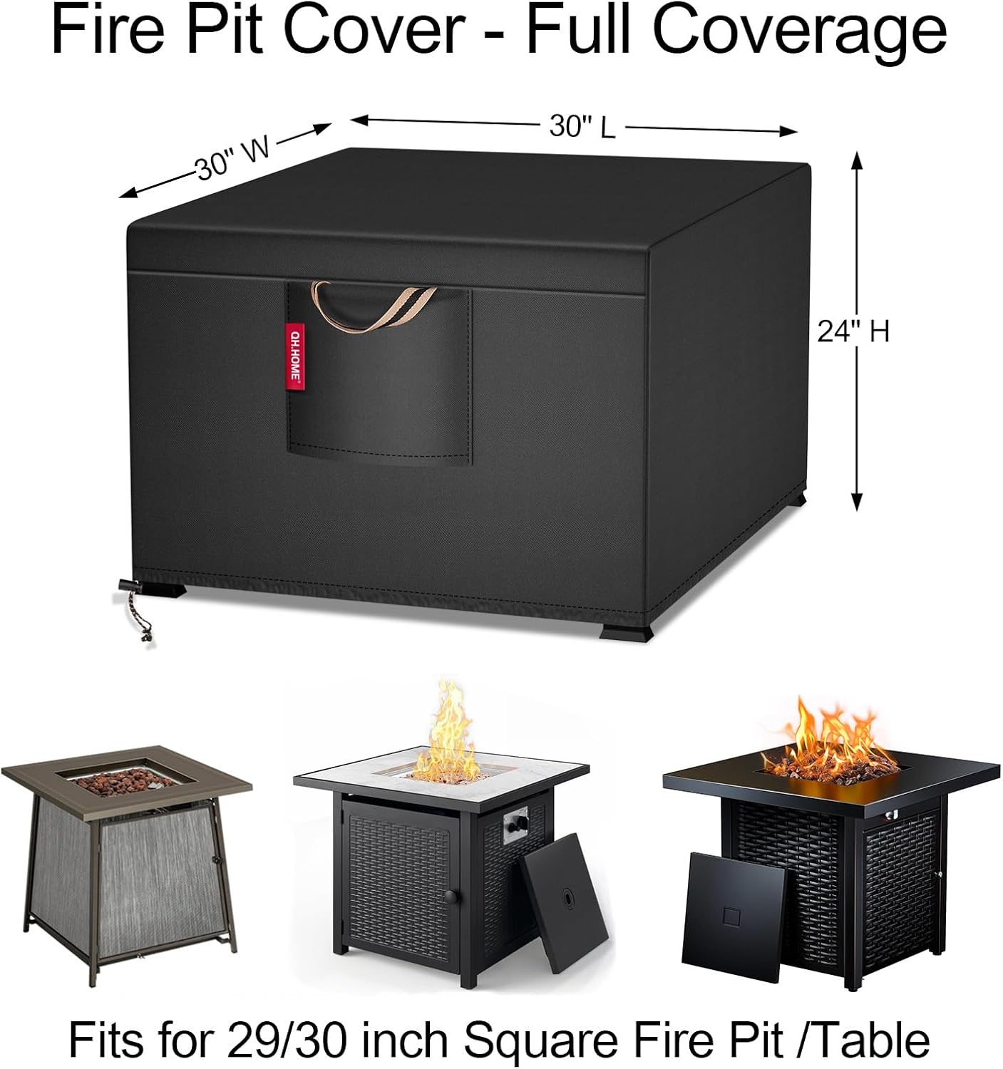 QH.HOME 30 Inch Fire Pit Cover Square for 29/30 inch Fire Pit, Waterproof Heavy Duty Gas Fireplace Fire Pit Table Cover Fits Patio Fire Table, 30"L x 30"W x 24"H - Black Square - 30" L x 30" W x 24" H