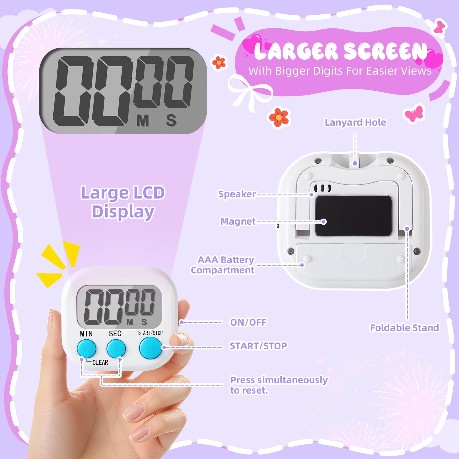 24 timer elettronico multifunzione da cucina, piccolo timer digitale da cucina con adesivi retro magnetico per cucina, aula studio, palestra, con modalità conto alla rovescia/su, bianco
