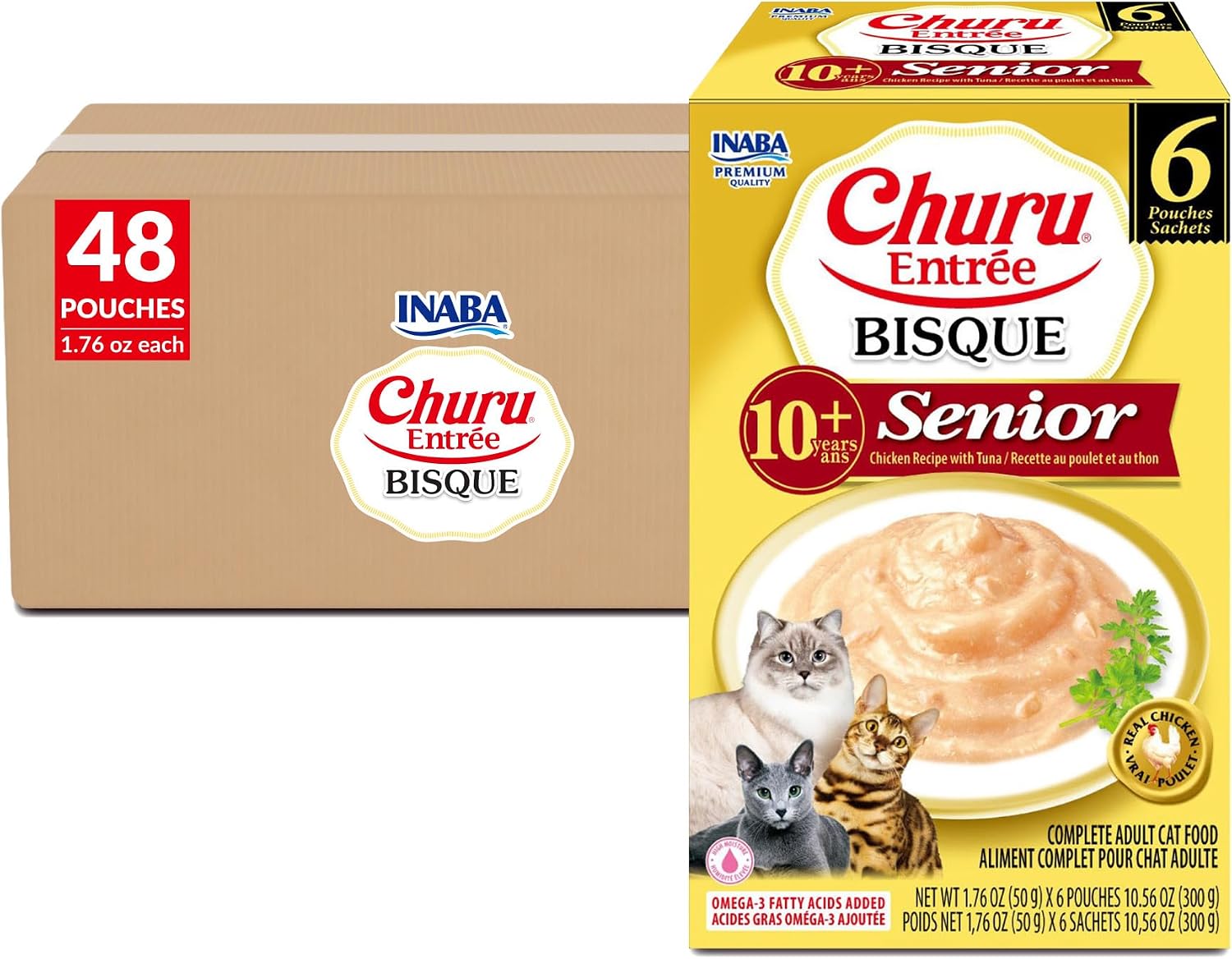 INABA Churu Entrée Bisque for Cats, High Protein & Moisture, Prebiotic Wet Cat Food, 1.76oz. per Serving, 48 Pouches, Chicken Recipe