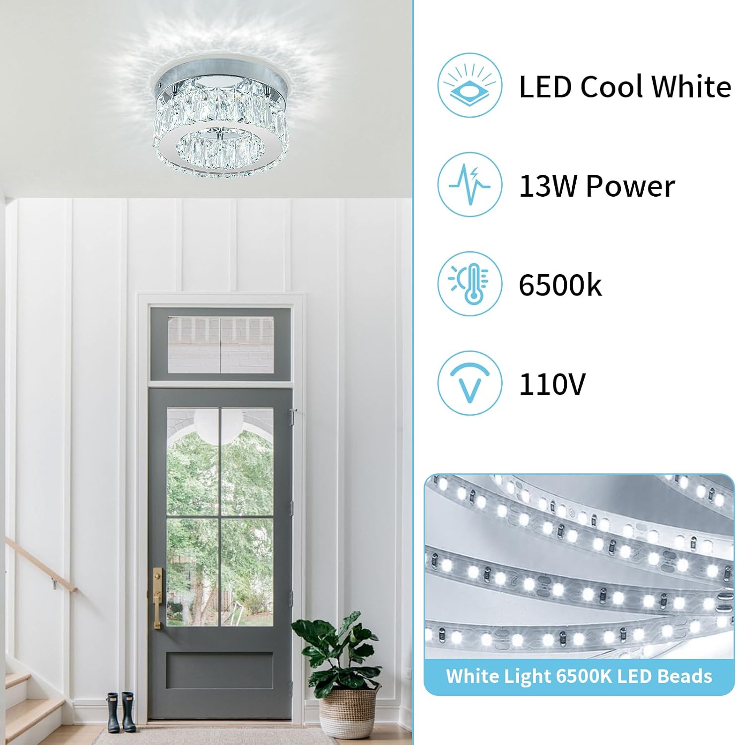 7.8” Crystal Ceiling Light Fixture, Mini Round Chandeliers 6500K Cool White Modern Flush Mount Ceiling Light, LED Small Chandelier for Hallway Bedroom Foyer Kitchen Bathroom