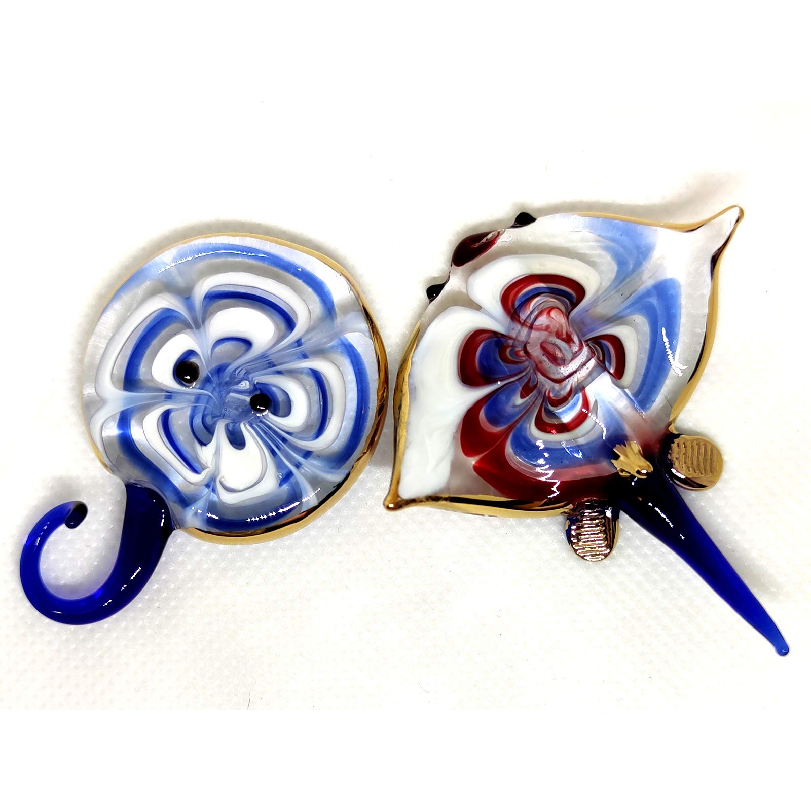 Sansukjai 2 Manta Ray Fish Miniature Figurines Animals Murano Glass Hand Blown Glass Art 22k Gold Trim Collectible Gift Decorate