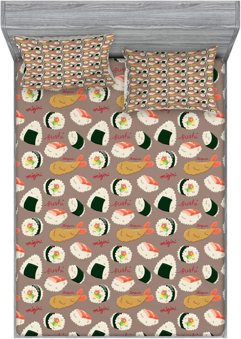 Ambesonne Sushi 2 Pack Fitted Sheet & Pillow Sham Set, Delicious Onigiri and Tempura, 4 Pcs Bedding Decor, Package Contains 2 Queen Size Fitted Sheets & 4 Pillow Covers, Multicolor