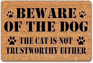 ZHAOFLY Funny Welcome Mat Personalized Doormat Beware of The Dog The Cat is Not Trustworthy Either Doormat (23.7 in X 15.6 in) Fabric Top with a Anti-Slip Rubber Back for The Entrance Way Indoor Mat