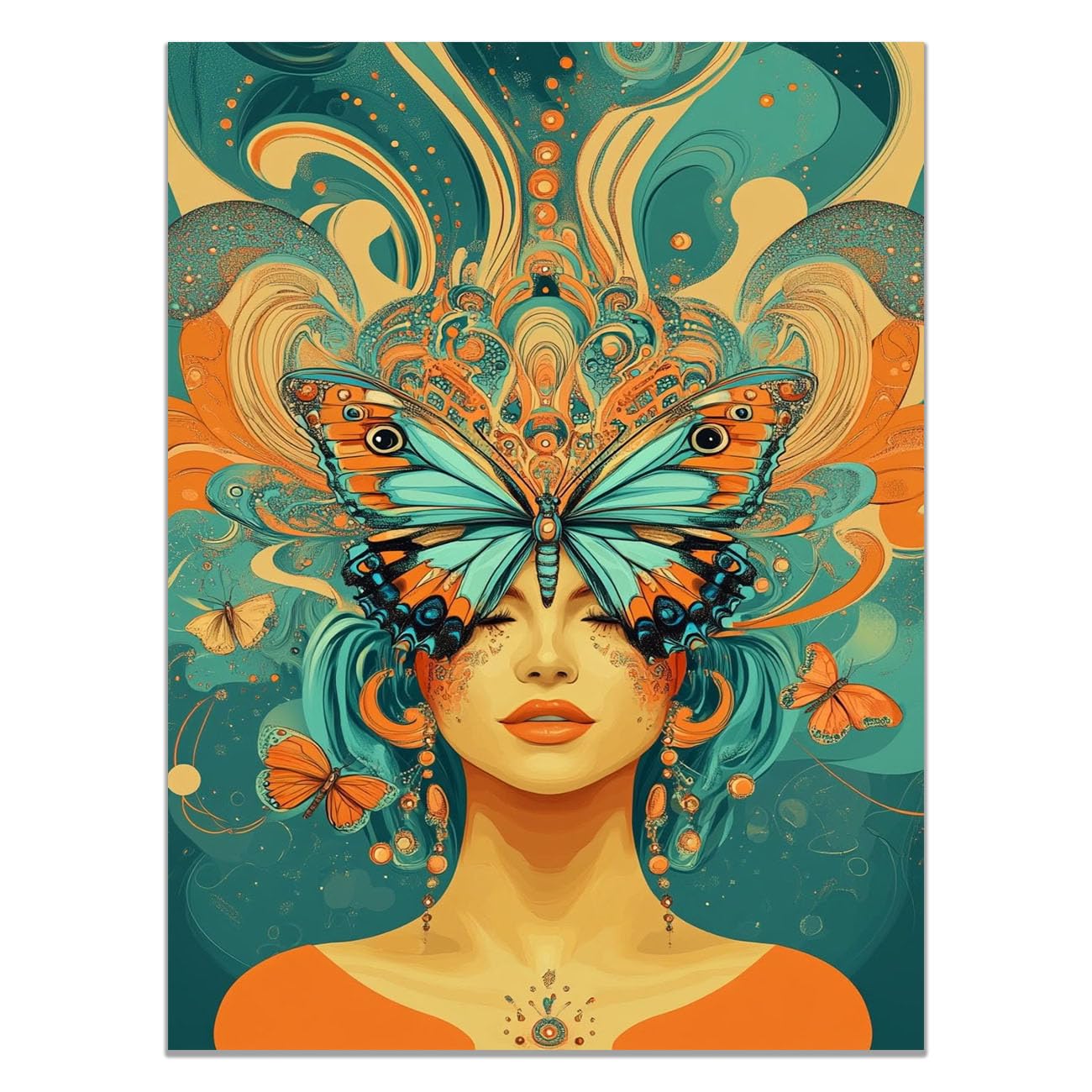 QUSAAOU Black Woman Canvas Wall Lady Butterfly Psychedelic Portrait Graffiti Canvas Art Posters Prints African Woman Modern Picture For Living Room Bedroom Office(teal)-30x45cm1 Unframed