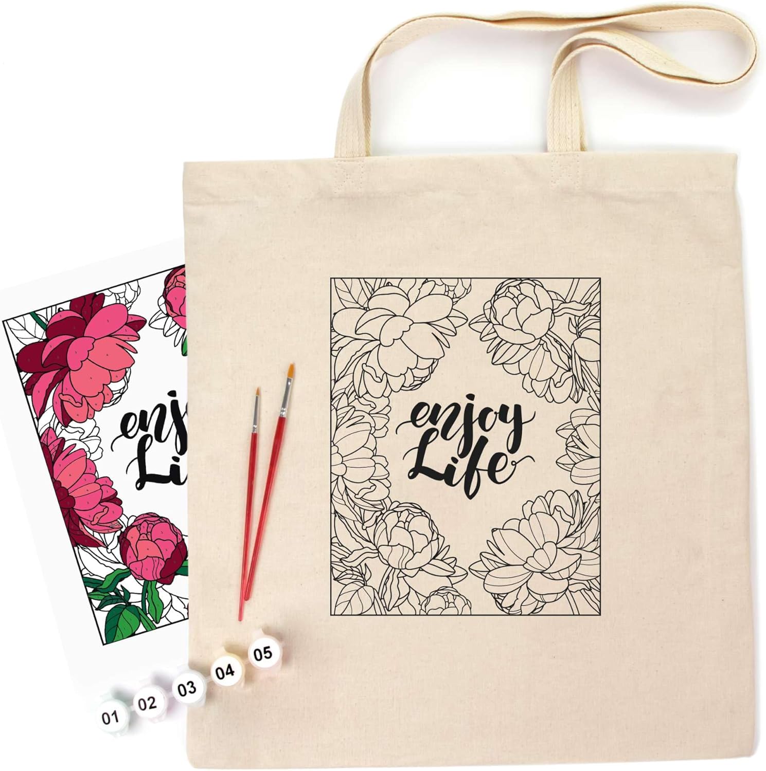 ROSA Talent White Eco Bag Coloring Kit – DIY Hand-Painted Cotton Tote Bag with Acrylic Paints – Durable & Stylish Reusable Bag – Multiple Designs Available (Peonies)