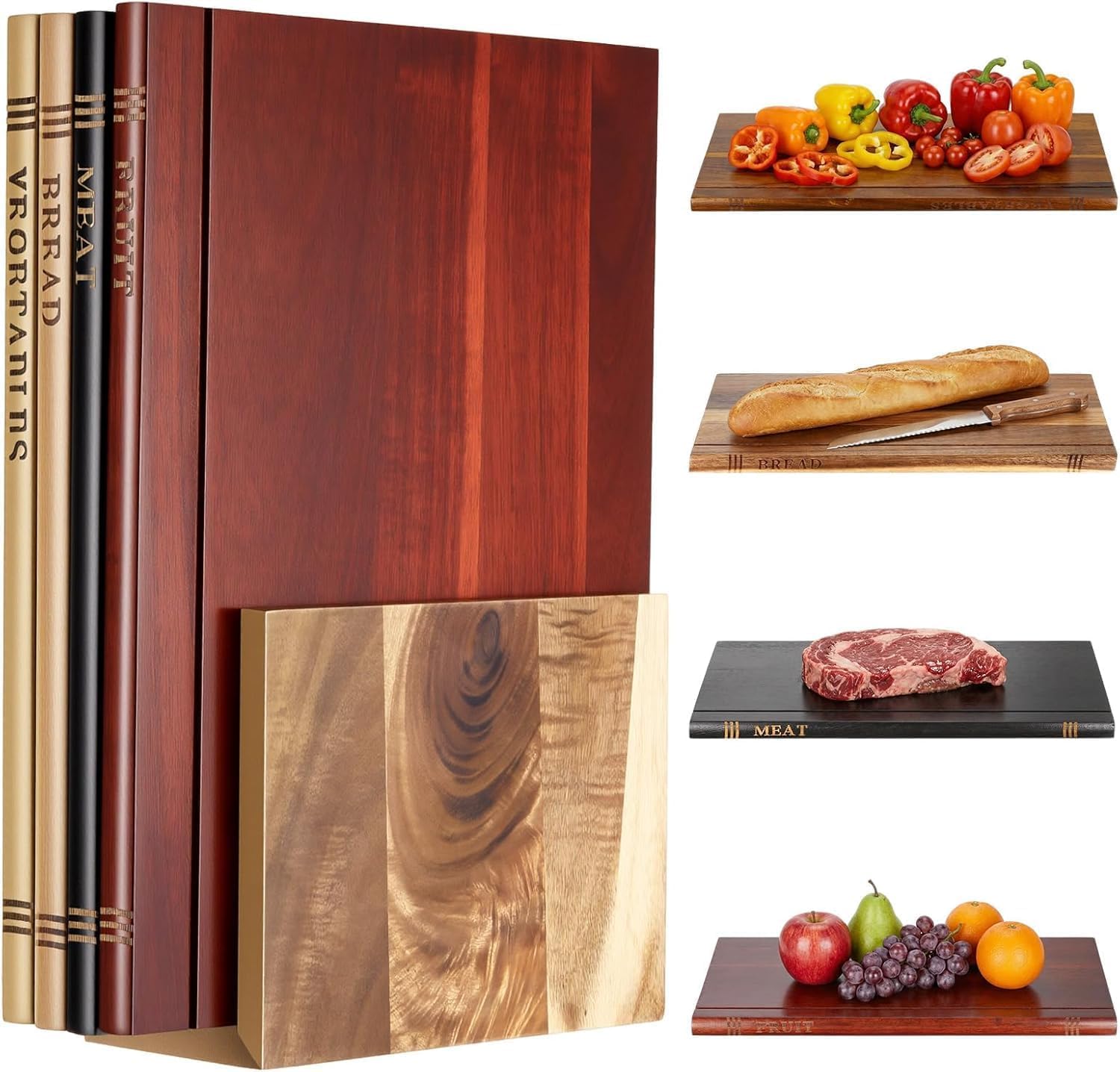 Lot de 4 planches à découper en bois avec support de rangement - Planches à découper décoratives en forme de livre pour la viande, les légumes et le pain
