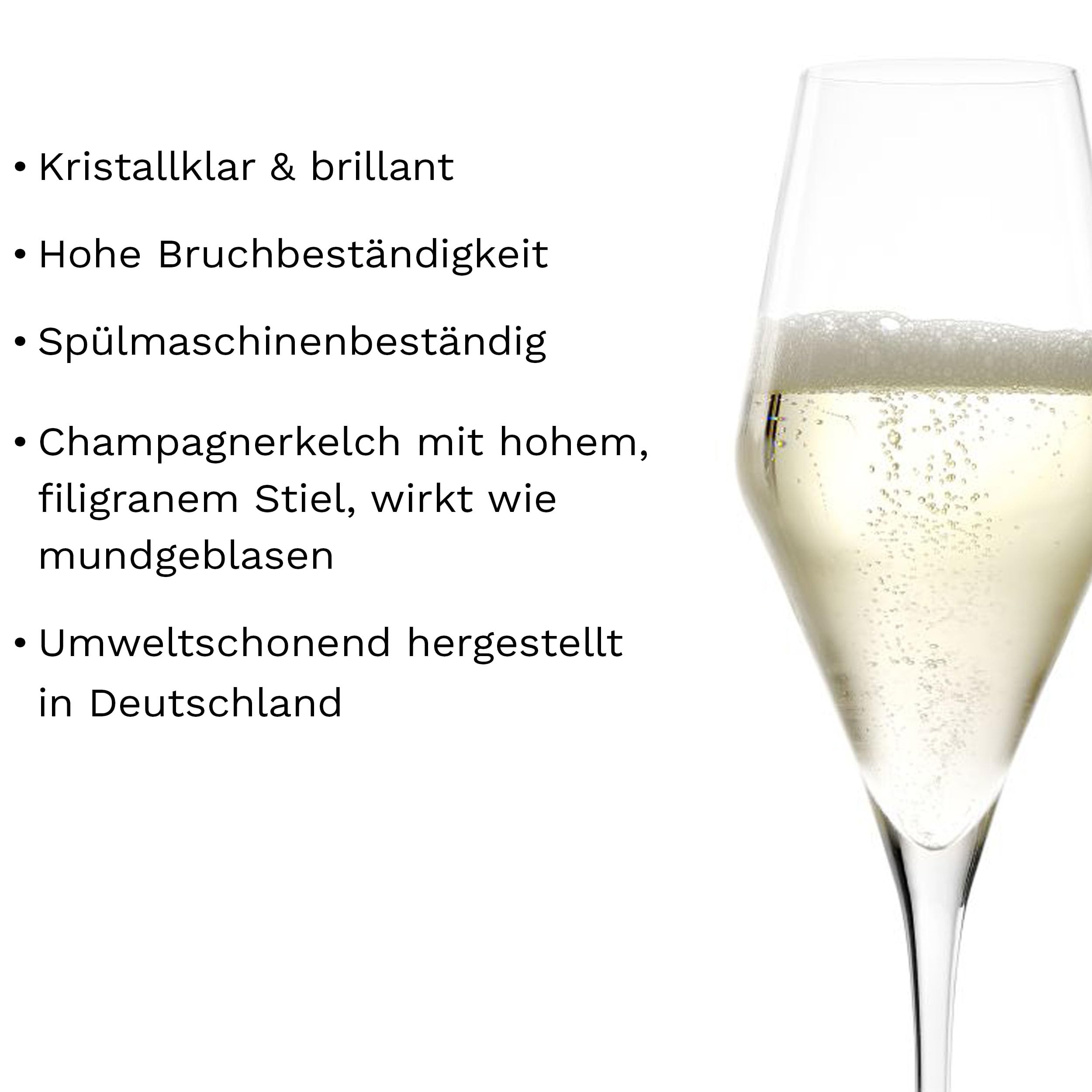 Stölzle Lausitz Champagner Gläser Quatrophil 6er-Set 290ml – Eleganter Champagnerkelch ideal für Sekt & Prosecco – Hochwertige Kristall Sektgläser aus deutscher Herstellung – Spülmaschinen- & Stoßfest