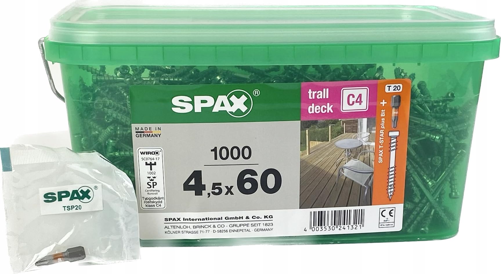 SPAX Terrassenschraube Bonus Set, 4,5 x 60 mm, 1000 Stück, WIROX C4, Zylinderkopf, T-STAR plus T20, CUT-Spitze
