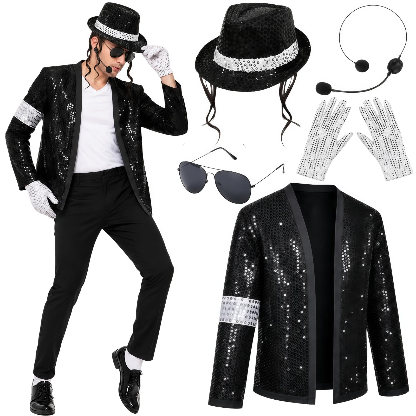 Buyzzus Pop Star Costume 80s Fancy Dress Men Outfit 5Pcs Halloween Pop Dance Adults Costumes with Glitter Jacket white-trimmed Hat Gloves and Sunglasses for Halloween Carnival Cosplay Party (XL)