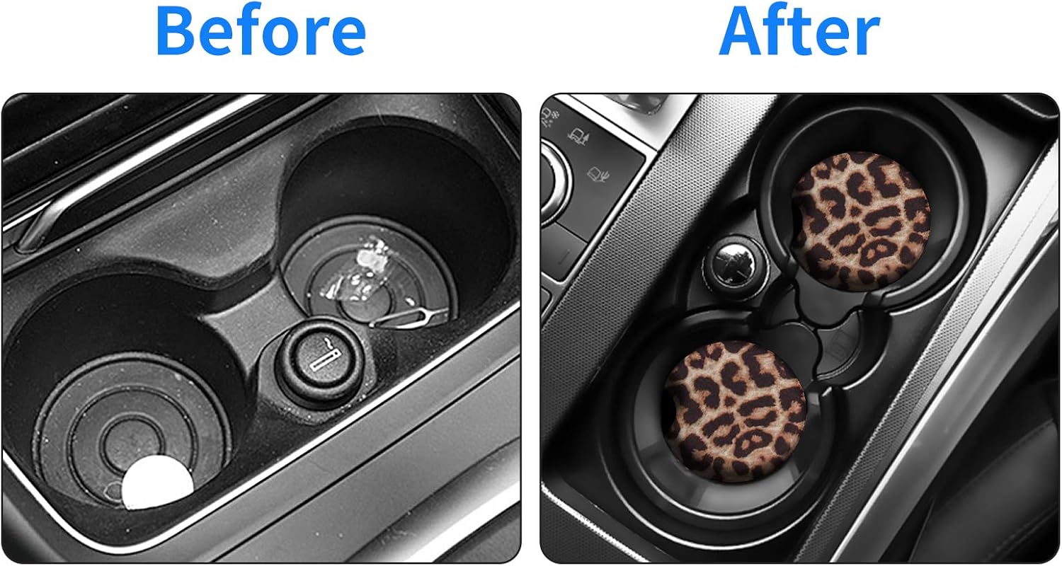 tifanso Car Cup Holder Coaster, 2 Pack Car Coasters for Cup Holders, Cup Drink Holder Coasters for Car, Cute Car Accessories for Women and Girl (Leopard)