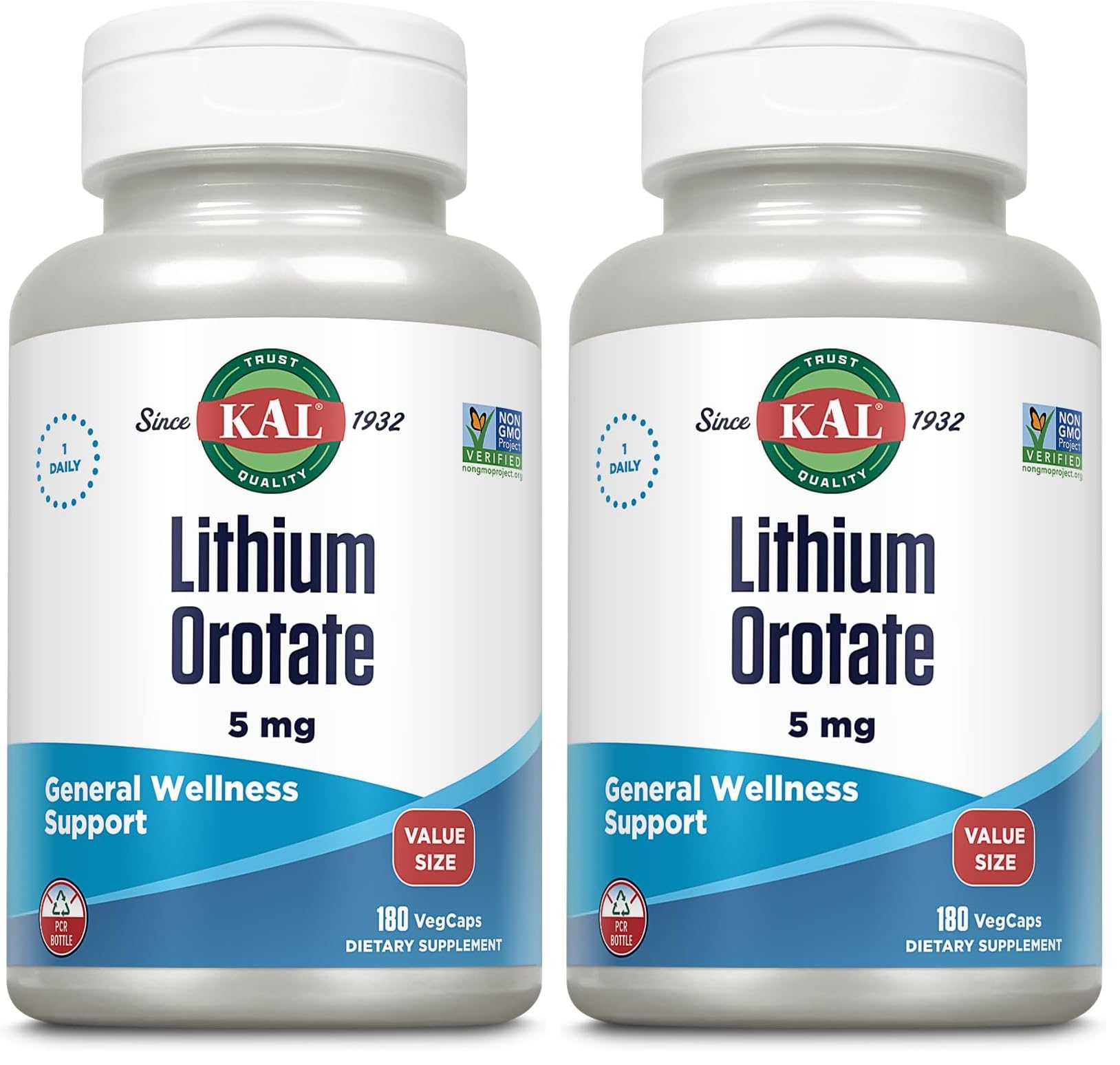 KAL Lithium Orotate 5mg, Low Dose Lithium Supplement for General Wellness Mood Support, Highly Bioavailable, Vegan, 60-Day Guarantee, 180 Servings, 180 VegCaps (Pack of 2) 180 Count (Pack of 2)