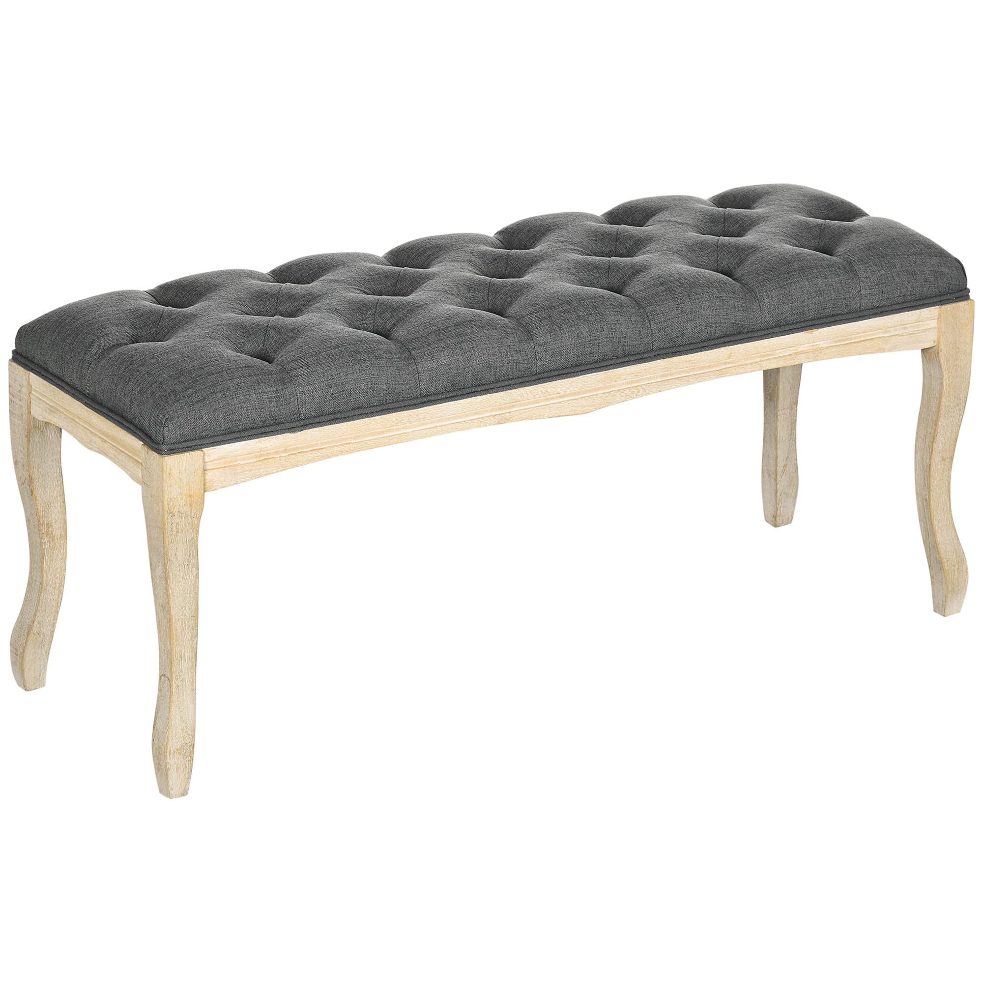 HOMCOM Panca imbottita stile classico, 110 cm, con testiera imbottita in lino, base in legno di Hevea intagliato, lino, grigio