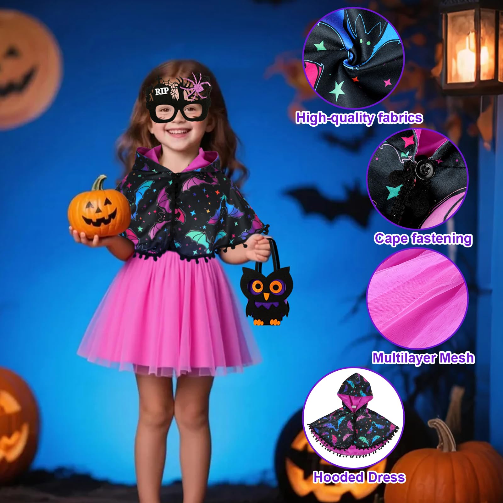 TAGVO Costume da Strega Halloween per Bambina, Ragazze Principessa Vestito Strega Viola Poncho Cappuccio Capo Paillettes Tulle Abiti serbatoio per bambini Halloween fantasia vestire per 1-6 anni