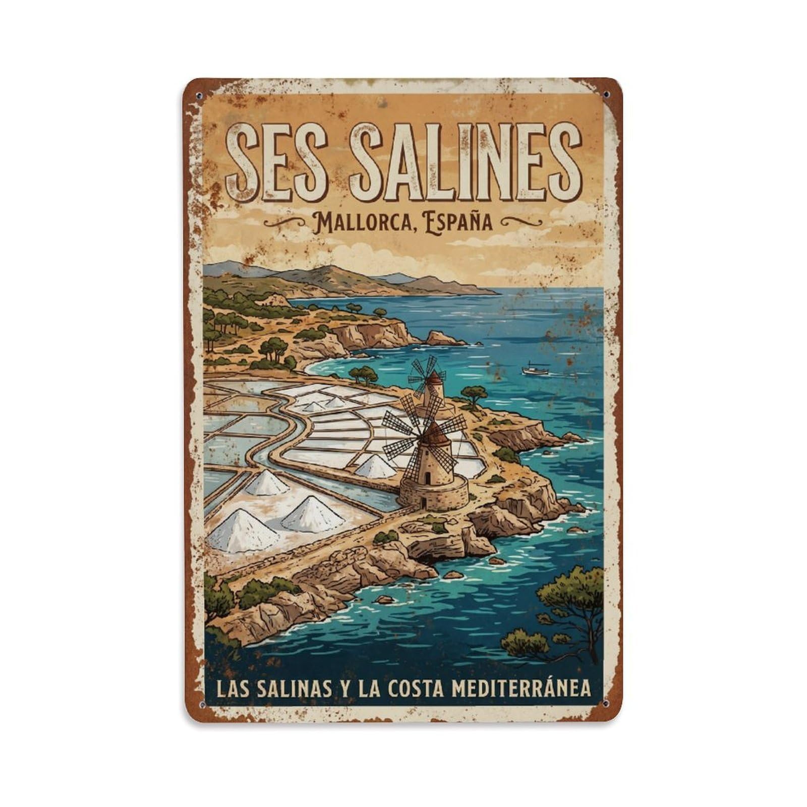 Vintage Travel Ses Salines Mallorca Spain Metal Tin Sign