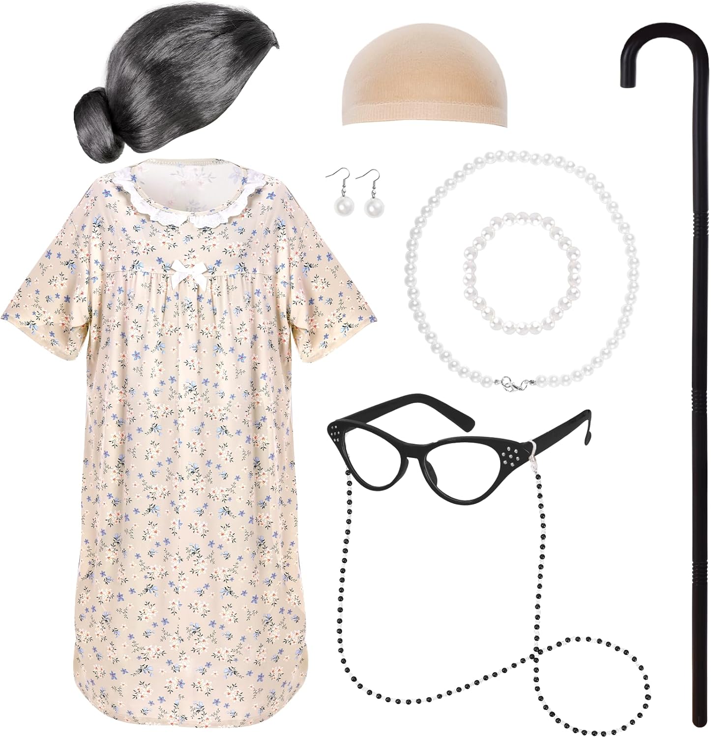 100 Days of School Costume Old Lady Costume School 100th Activity Suit Grandma Wig Granny Glasses Chain Necklace Dress