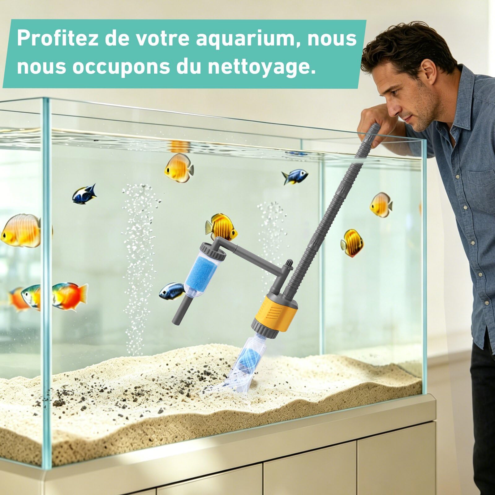 Aspirateur Électrique Pour Aquarium, 1200LPH Nettoyage Gravier 8 En 1 Amovible, 20W Aspiration Puissante Pour Changer l’Eau, Laver Le Sable, Éliminer Les Algues Et Circuler l’Eau