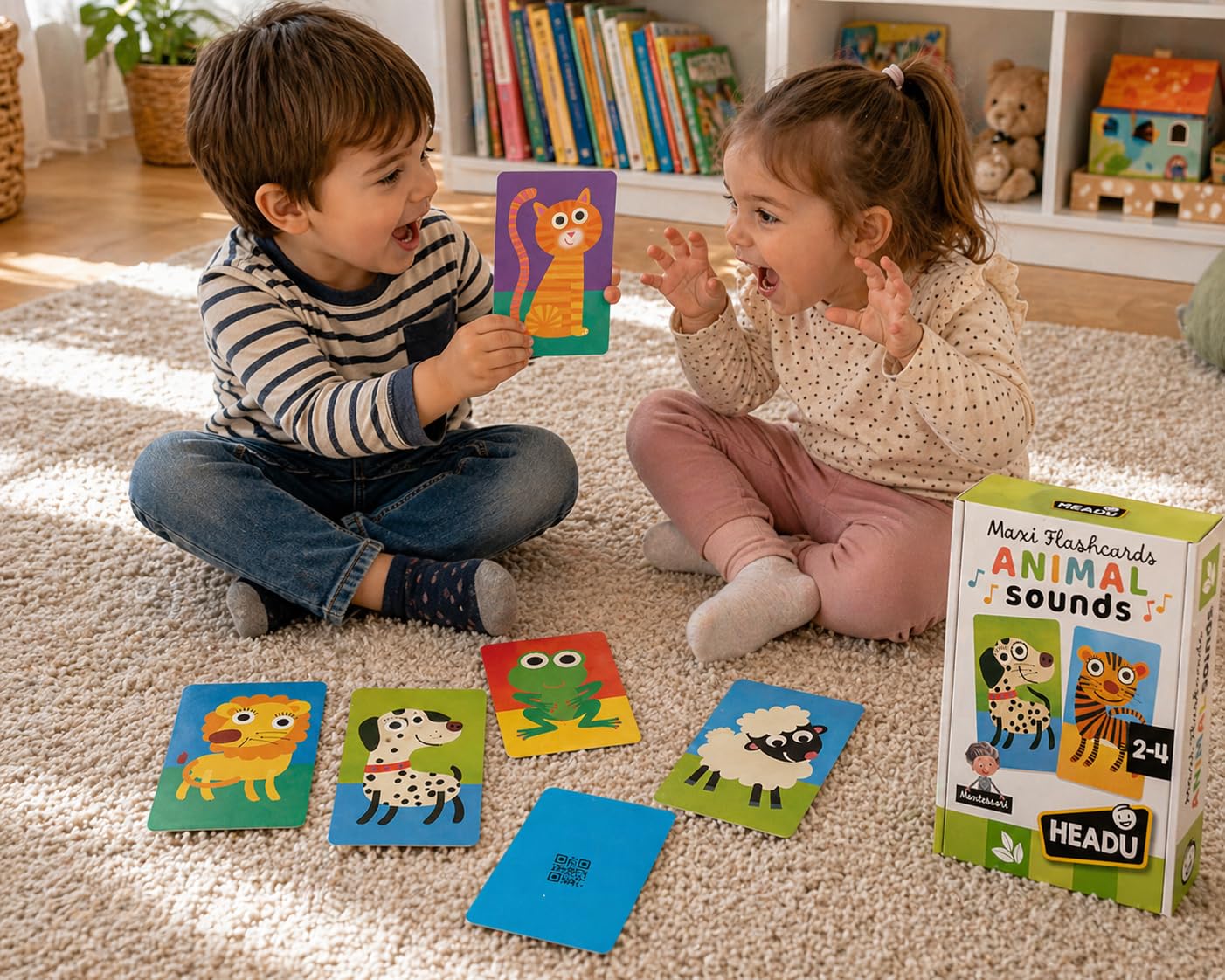 HEADU - Maxi Flashcards Montessori Animal Sounds - Riconosci e Ascolta il Verso Degli Animali | Con App Dedicata per l'Ascolto, Giochi Educativi 1-4 Anni, Regalo Natale Pasqua, Made In Italy