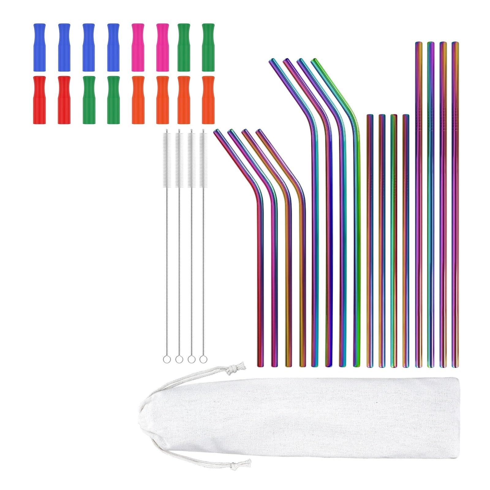 Edelstahlstrohhalme Gebogener Strohhalm aus Edelstahl, tragbare Strohhalme, lang trinkende Silikonspitzen, Bürste(48pcs)