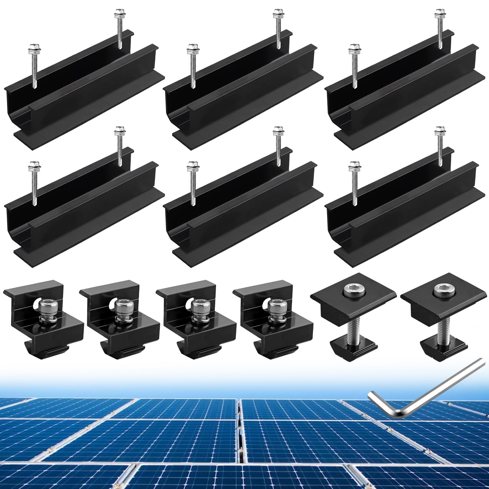 Anbte Kit de Supports de Panneau Solaire 6 Rails Courts en Aluminium avec 4 Pinces d'Extrémité en Z et 2 Pinces Centrales Supports en T Modules pour 30MM/35MM (Rails Courts de 120mm)