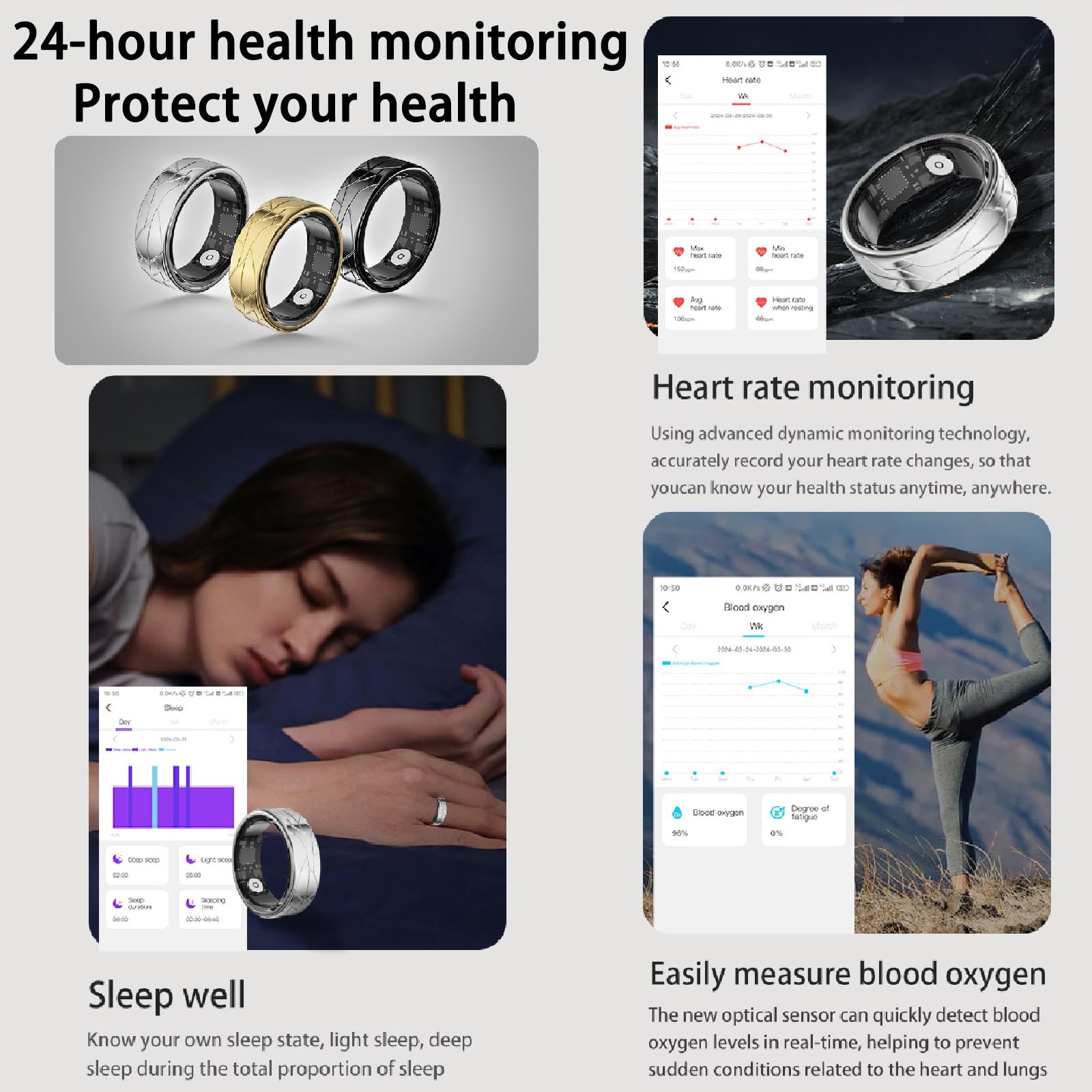 Anillo inteligente, rastreador de sueño, rastreador de ejercicios, tecnología de sensores avanzada, podómetros, anillo de salud, monitor de temperatura for deportes al aire libre(Silver+Charging case,