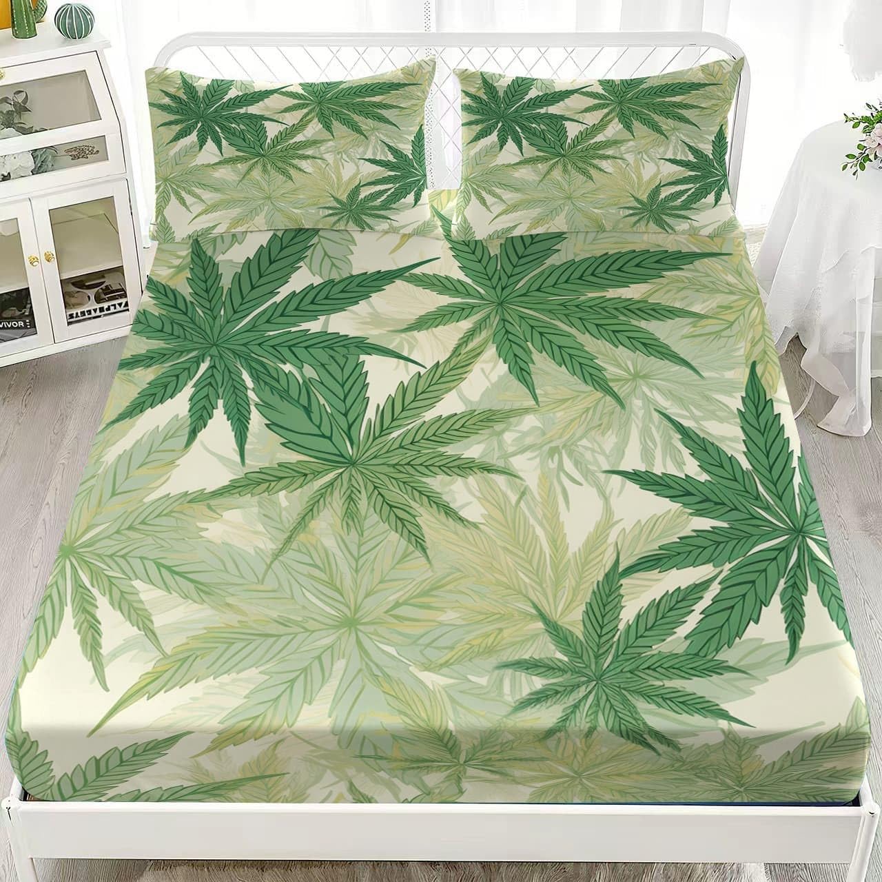 Drap-Housse en Microfibre Brossée 200x200 cm avec Grand Bonnet 30cm, Plantes Feuilles de Cannabis Feuilles Nature Drap Housse en Doux, Anti Plis pour 2 Personnes Lit, Respirant Hypoallergénique, Vert