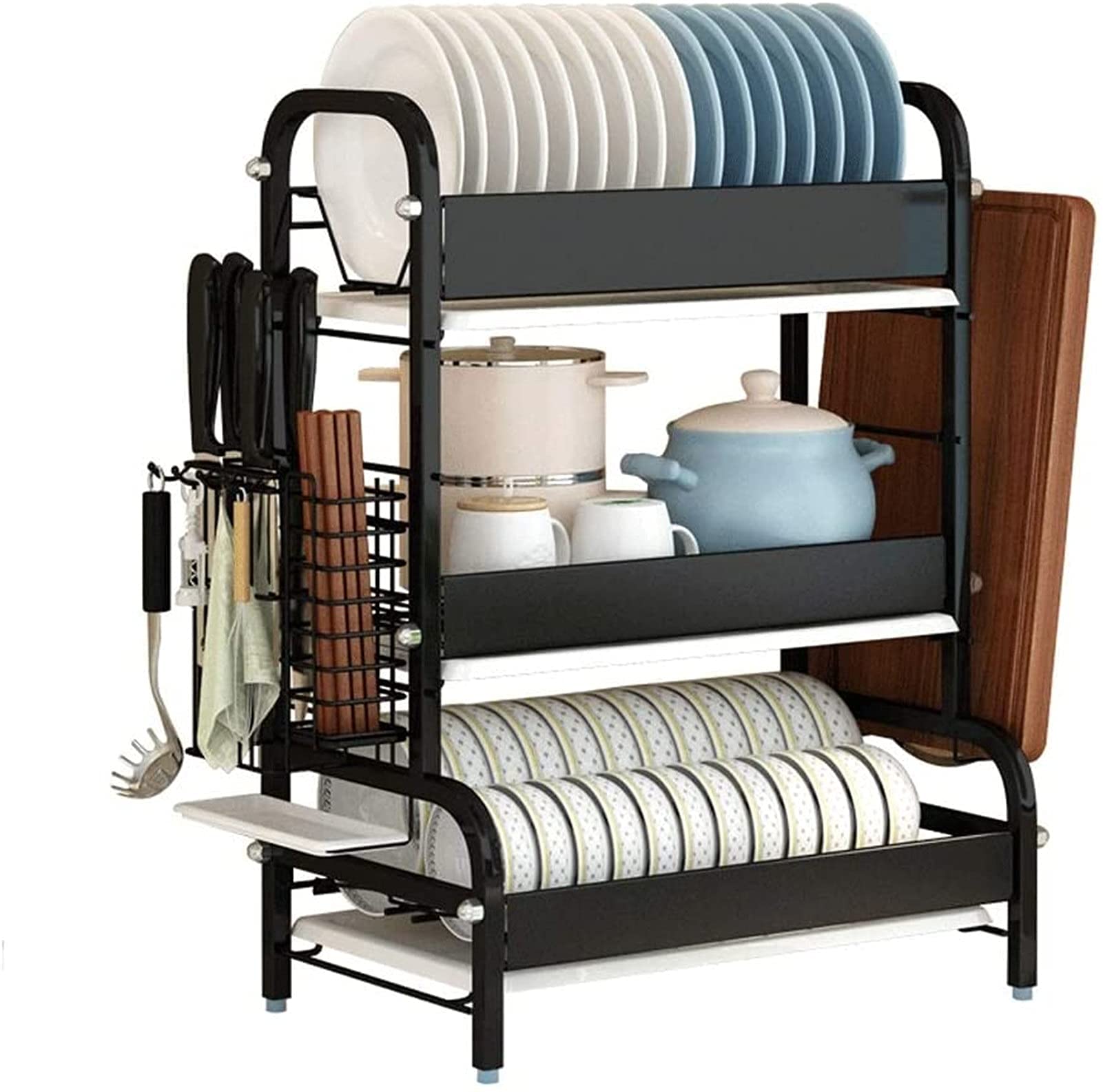 CZYNB Dish Drying Rack, 3-layer Black Stainless Steel Kitchen Dish Rack Drain Tray for Drying Dishes and Storage Supplies Dish Rack,Counter Organizer