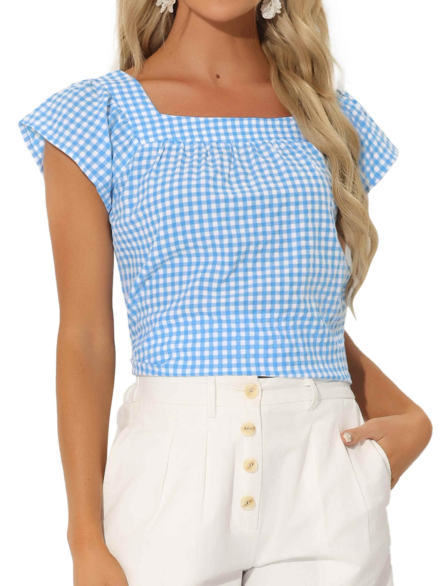 Allegra K Top Estivi A Quadretti Per Camicetta Scozzese Da Donna Con Scollo Quadrato A Volant 741289