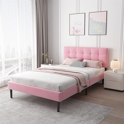 Lijimei Base de cama de tamaño matrimonial con cabecero, base de cama tapizada con soporte de listones de madera y cabecera de plataforma, base de