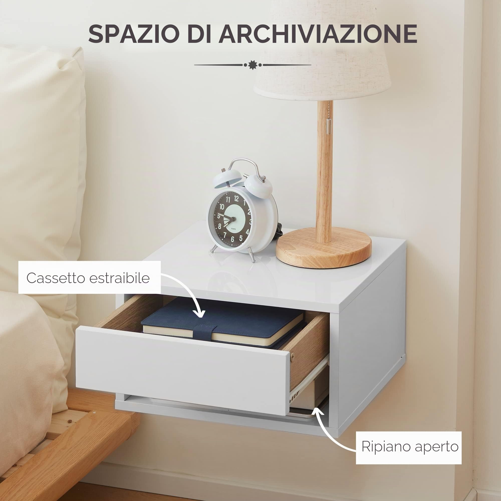 HOMCOM Set di 2 comodini a parete - cassetto scorrevole, nicchia, piano - legno dim. 37L x 32L x 21H cm bianco