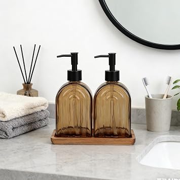 Glass Soap Dispenser Set with Wooden Tray, 13.5Oz Refillable Liquid Modern Soap Dispenser with Plastic Pump for Hand and Dish Set for Bathroom Countertop Decor (Dark Brown)