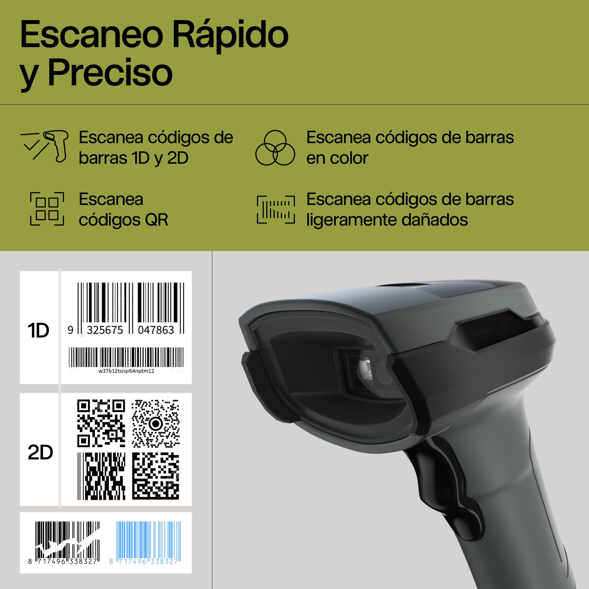 Safescan 330-W - Escáner de códigos de Barras Que escanea códigos 1D y 2D - Escáner para códigos dañados y de Color - con Cable USB - Escáner de códigos QR - Plug & Play - Incluye Soporte