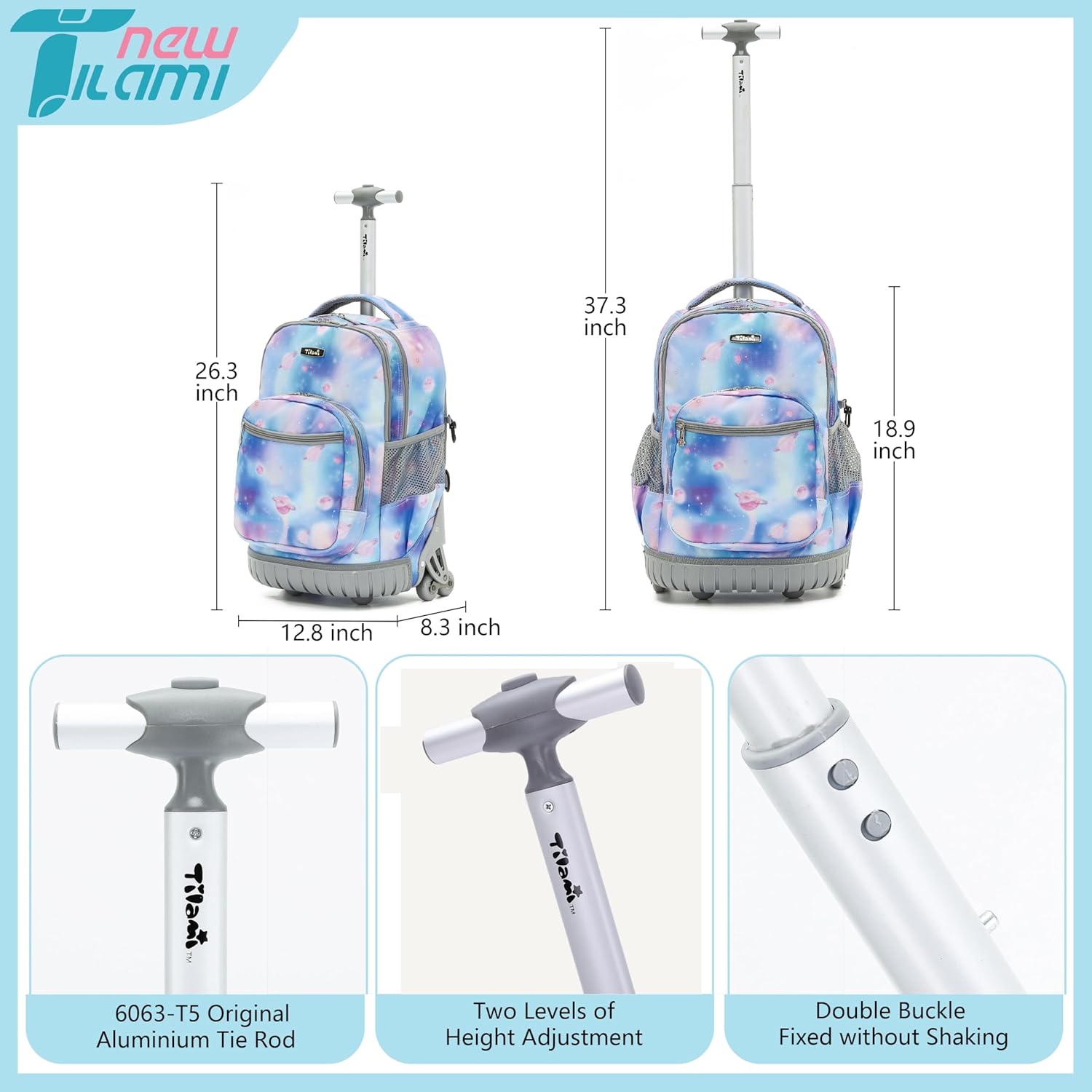 NEW TILAMI 18 Inch Rolling Backpack with Wheels for Girls Boys Kids Laptop Backpack School Travel, Purple Star - Image 2