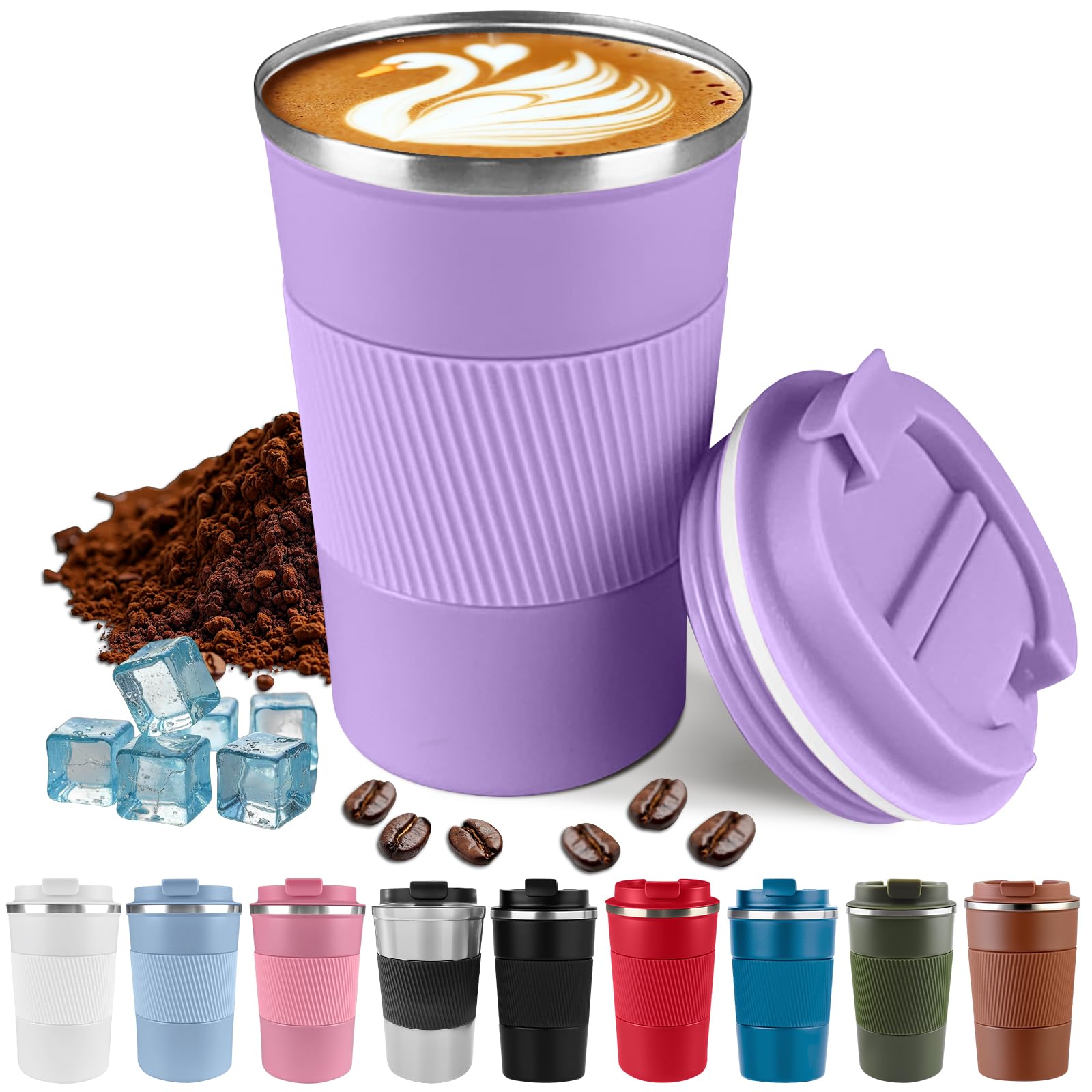 Harindiver Insulated Coffee Cup with Lid, Leak Proof Travel Coffee Mug, Reusable Stainless Steel Vacuum Tumbler, Double Wall Thermal Cup for Hot and Cold Drinks, for Men and Women(3rd-Purple, 380ml) — image 1