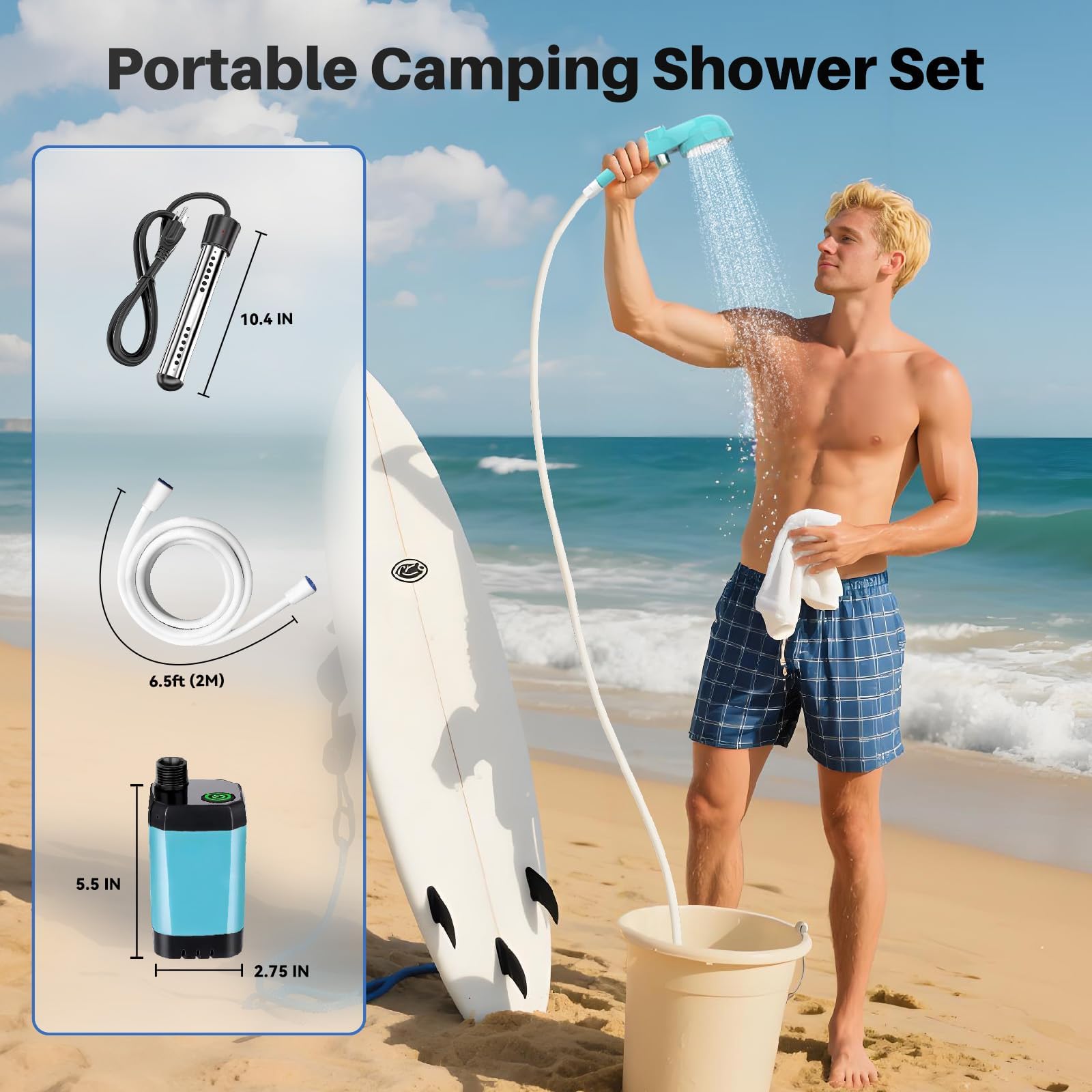 Ducha portátil de camping con calentador, ducha de camping recargable de 6000 mAh con calentador de apagado automático de 2000 W, pantalla LED, ducha climatizada al aire libre para viajes