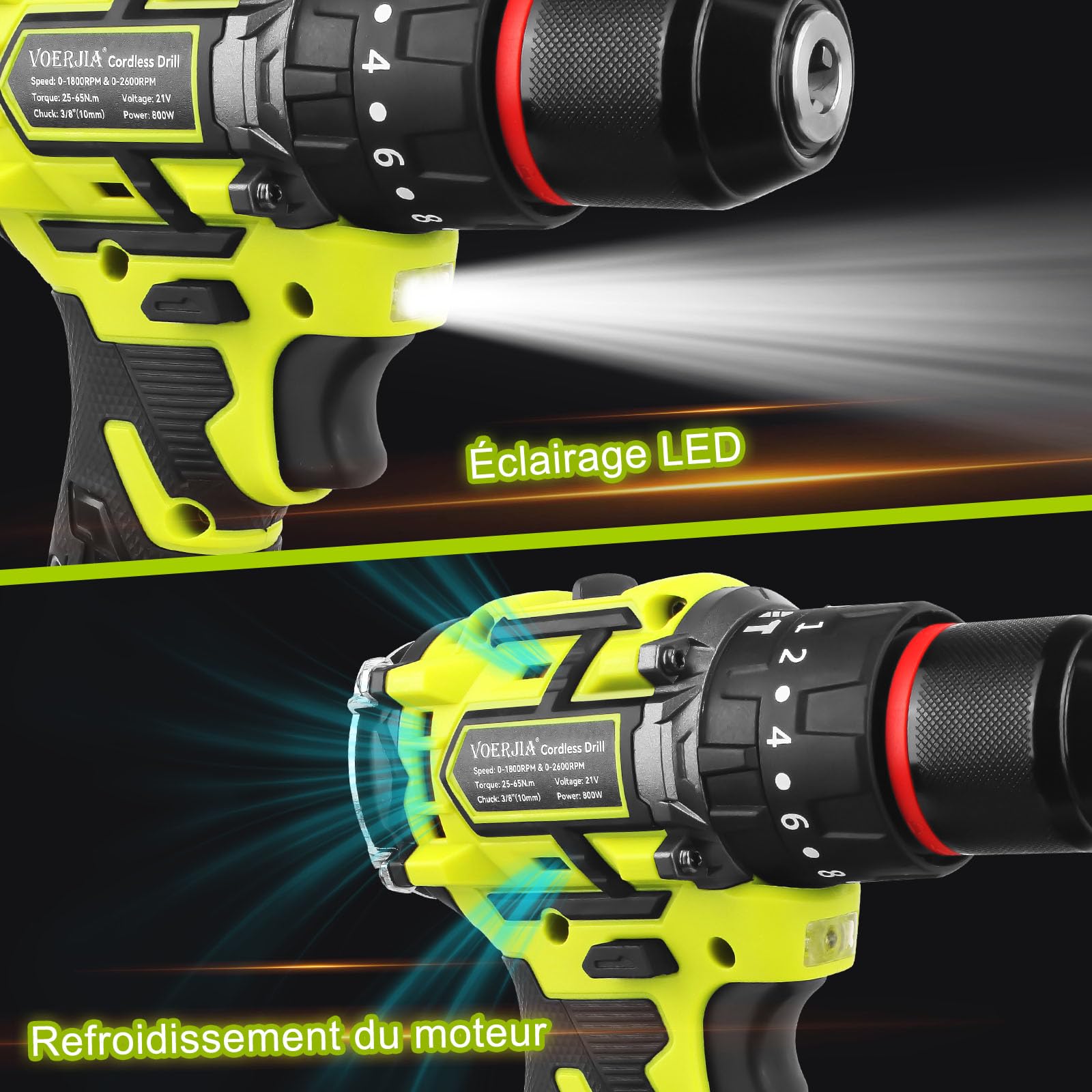 VOERJIA Perceuse Visseuse Sans Fil 21V, Perceuse Percussion Brushless avec 2 Batteries 2000mAh, 65Nm Couple Max, 20+3 Réglages de Couple, 2 Vitesses, LED, Mandrin 10mm, 46 Accessoires et Valise