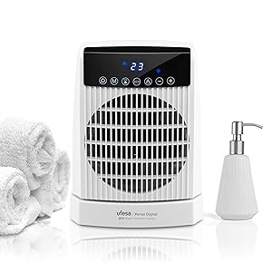 Ufesa Persei Calefactor Digital 2000W con Protección IP21, 3 Niveles de Potencia Calor/Frío, Base Oscilante, Pantalla LED, Termostato Regulable, Temporizador 24h y Protección de Sobrecalentamiento