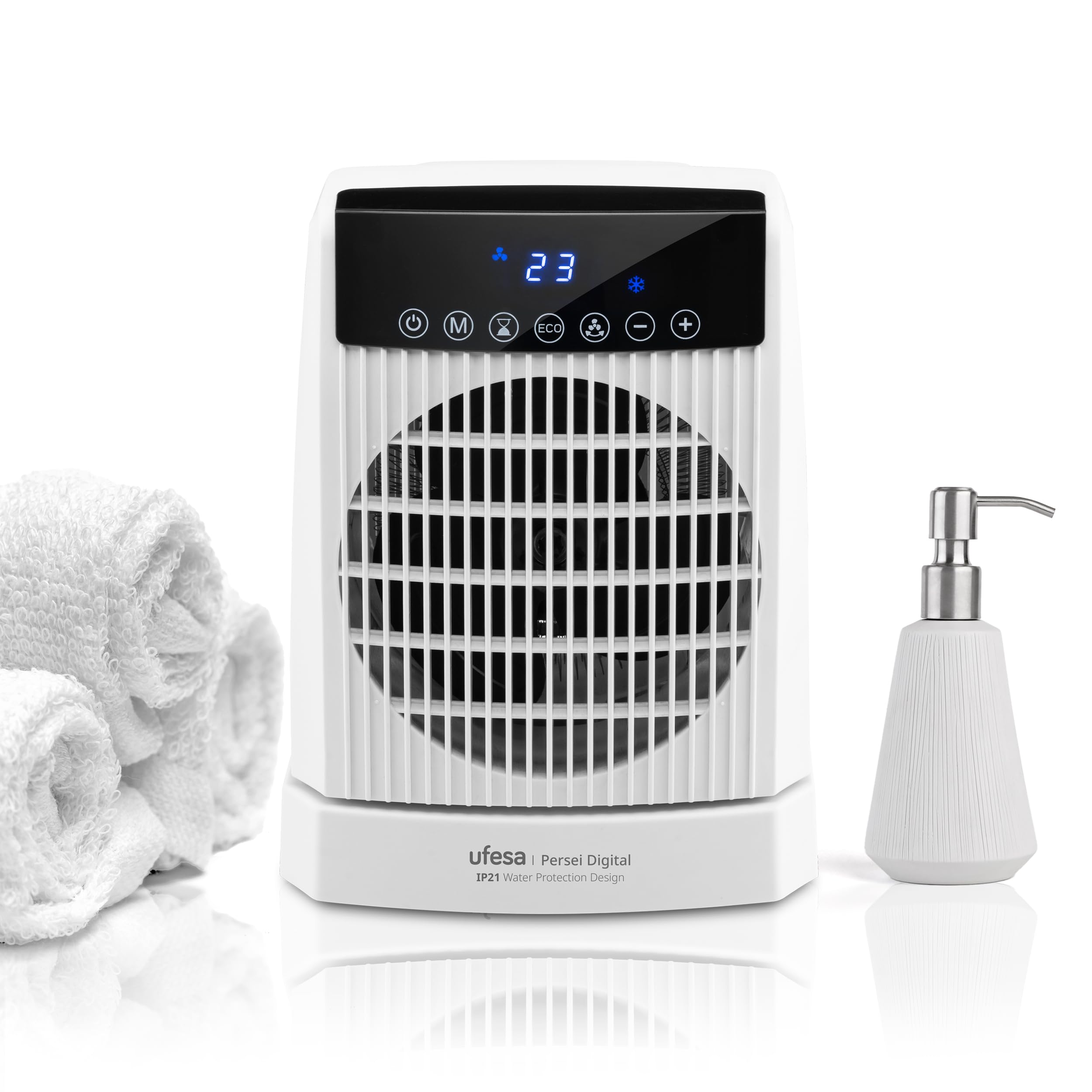 Ufesa Persei Calefactor Digital 2000W con Protección IP21, 3 Niveles de Potencia Calor/Frío, Base Oscilante, Pantalla LED, Termostato Regulable, Temporizador 24h y Protección de Sobrecalentamiento
