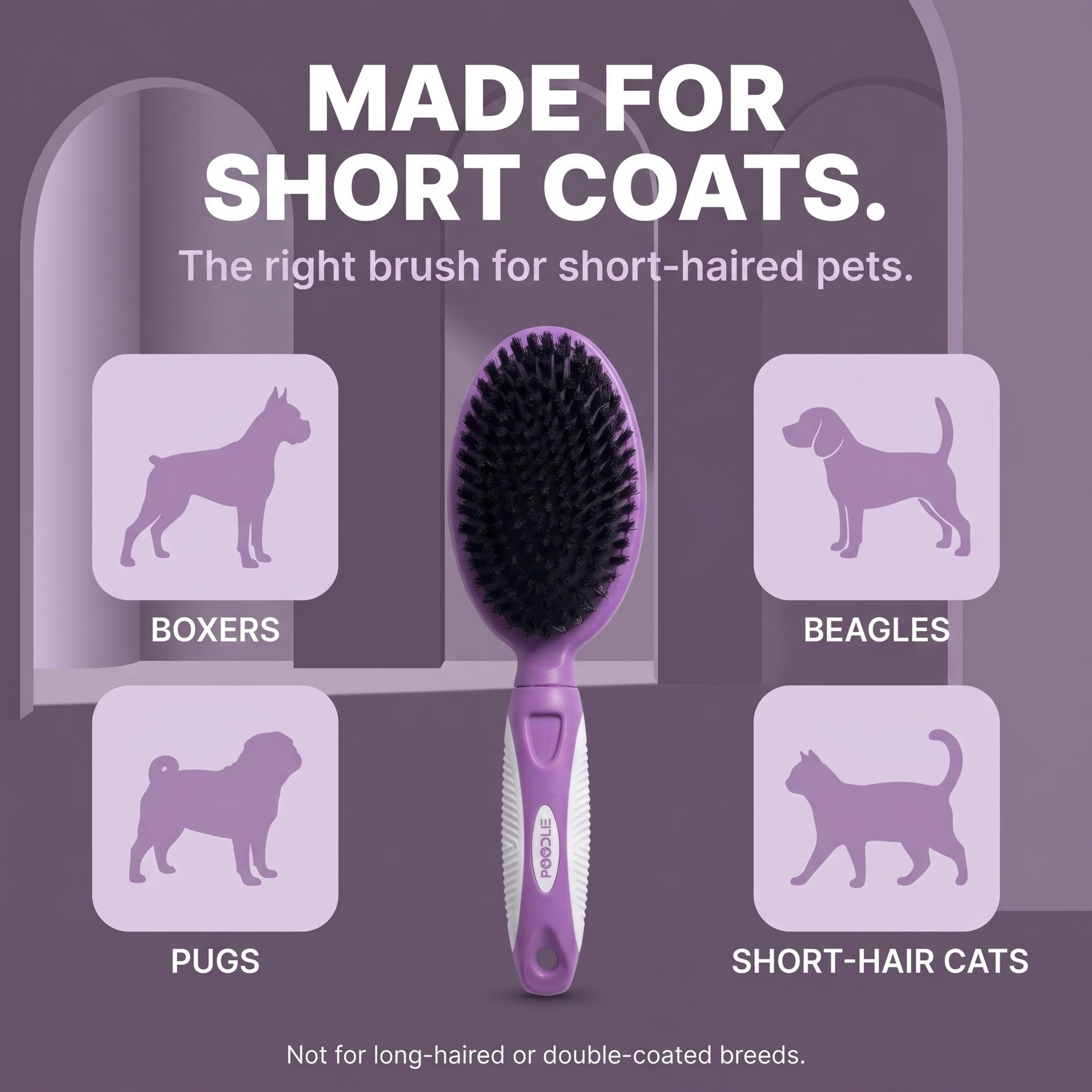 Poodlie Brosse à poils doux pour chien pour poils courts, brosse de toilettage douce pour peaux sensibles, élimine les poils morts, poignée en caoutchouc antidérapant