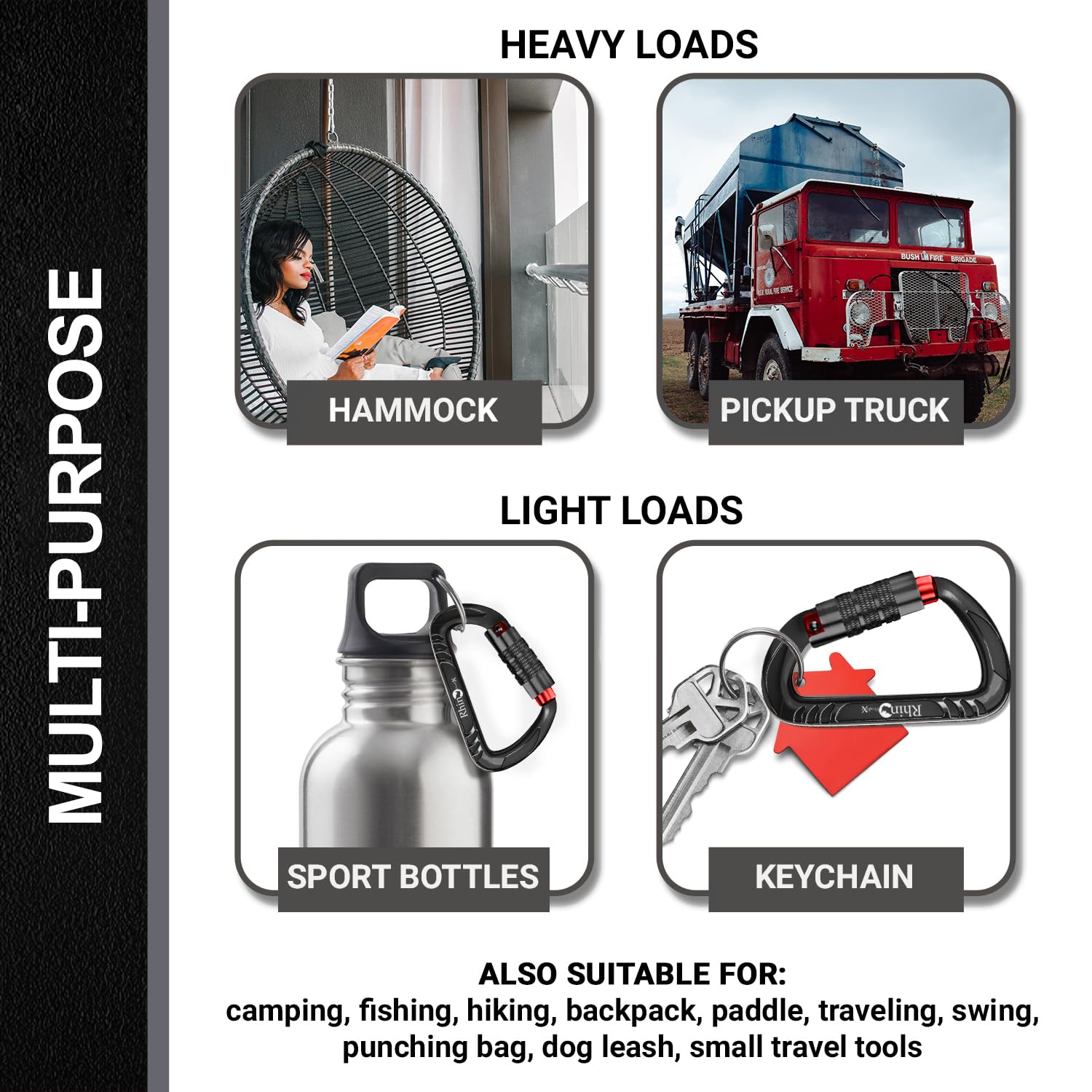 Rhino Produxs 12 kN (1,223,3 kg) wytrzymały karabińczyk, do zabezpieczenia zwierząt domowych, aktywności na świeżym powietrzu, na kemping, wędrówki, hamak, uprząż dla psa, breloczek do kluczy